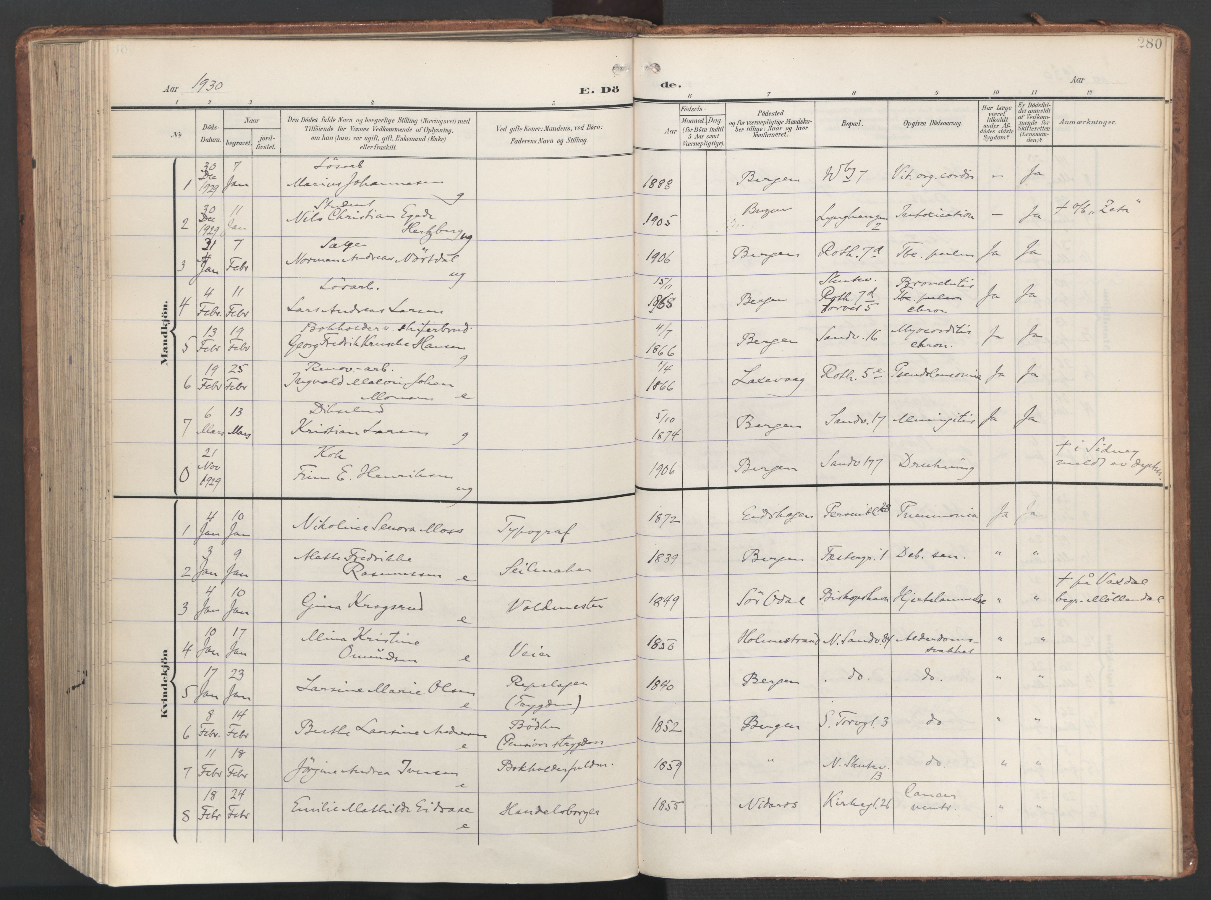 Sandviken Sokneprestembete, SAB/A-77601/H/Ha/L0019: Parish register (official) no. E 2, 1905-1933, p. 280