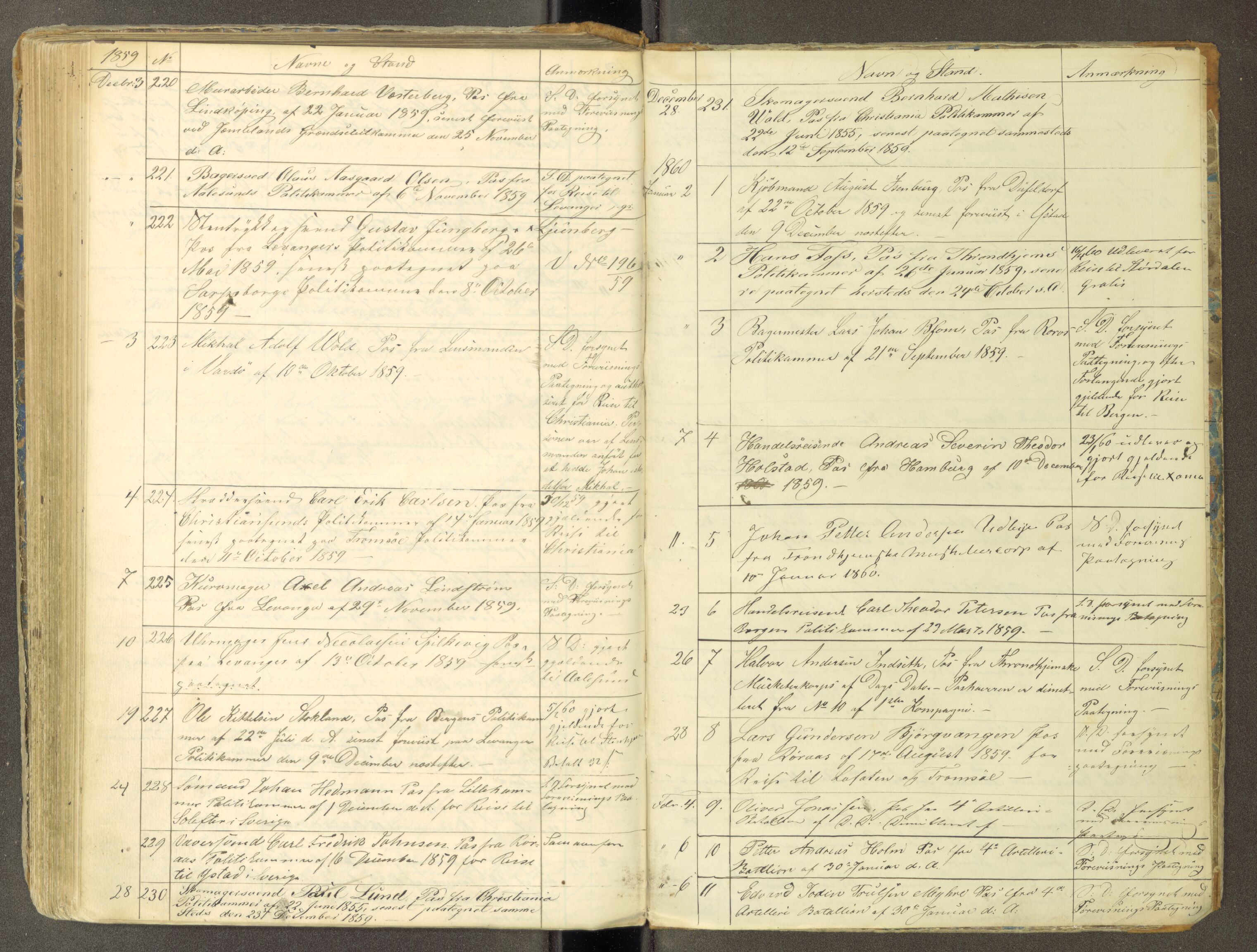 Trondheim politikammer, AV/SAT-A-1887/1/30/L0010: Passprotokoll. Utstedte pass 1850-1855. Innleverte pass 1850-1860, 1850-1860