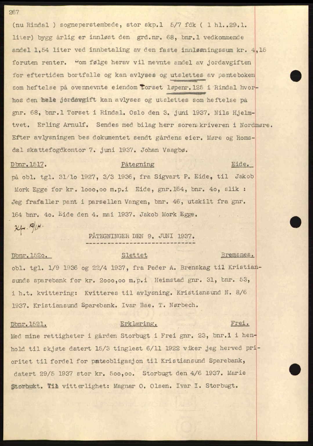 Nordmøre sorenskriveri, AV/SAT-A-4132/1/2/2Ca: Mortgage book no. C80, 1936-1939, Diary no: : 1517/1937