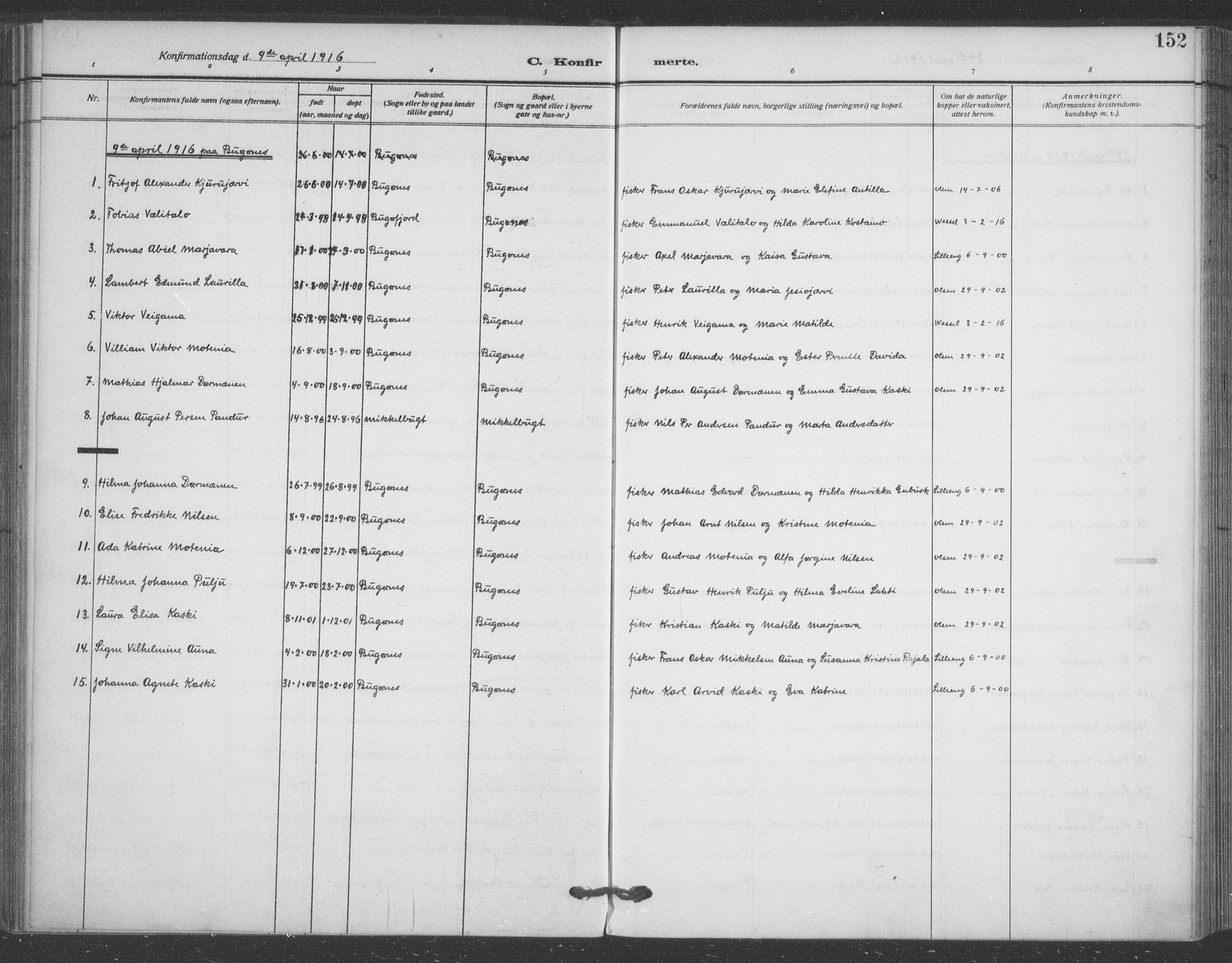 Sør-Varanger sokneprestkontor, SATØ/S-1331/H/Ha/L0005kirke: Parish register (official) no. 5, 1909-1919, p. 152