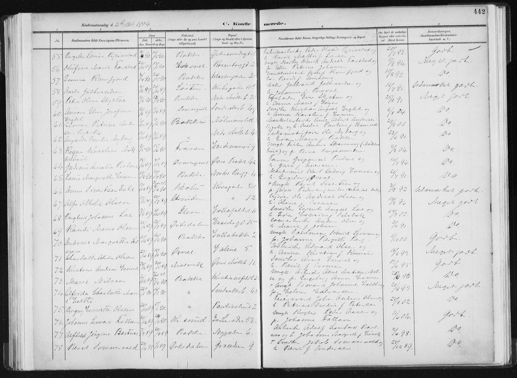 Ministerialprotokoller, klokkerbøker og fødselsregistre - Sør-Trøndelag, AV/SAT-A-1456/604/L0200: Parish register (official) no. 604A20II, 1901-1908, p. 442