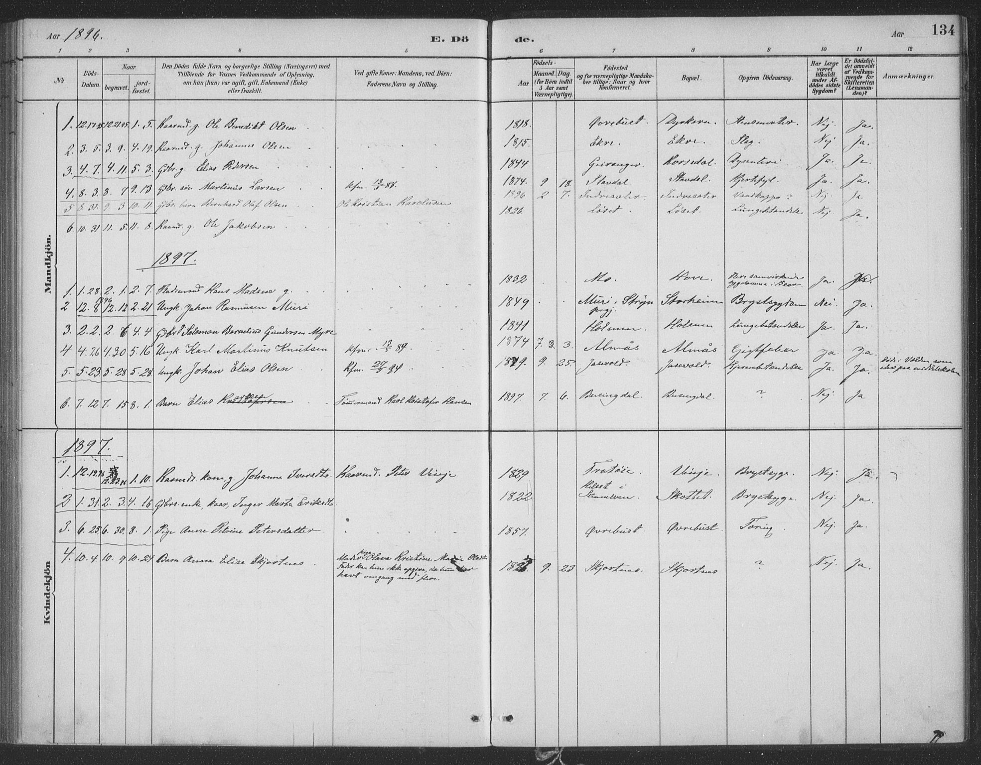 Ministerialprotokoller, klokkerbøker og fødselsregistre - Møre og Romsdal, SAT/A-1454/521/L0299: Parish register (official) no. 521A01, 1882-1907, p. 134