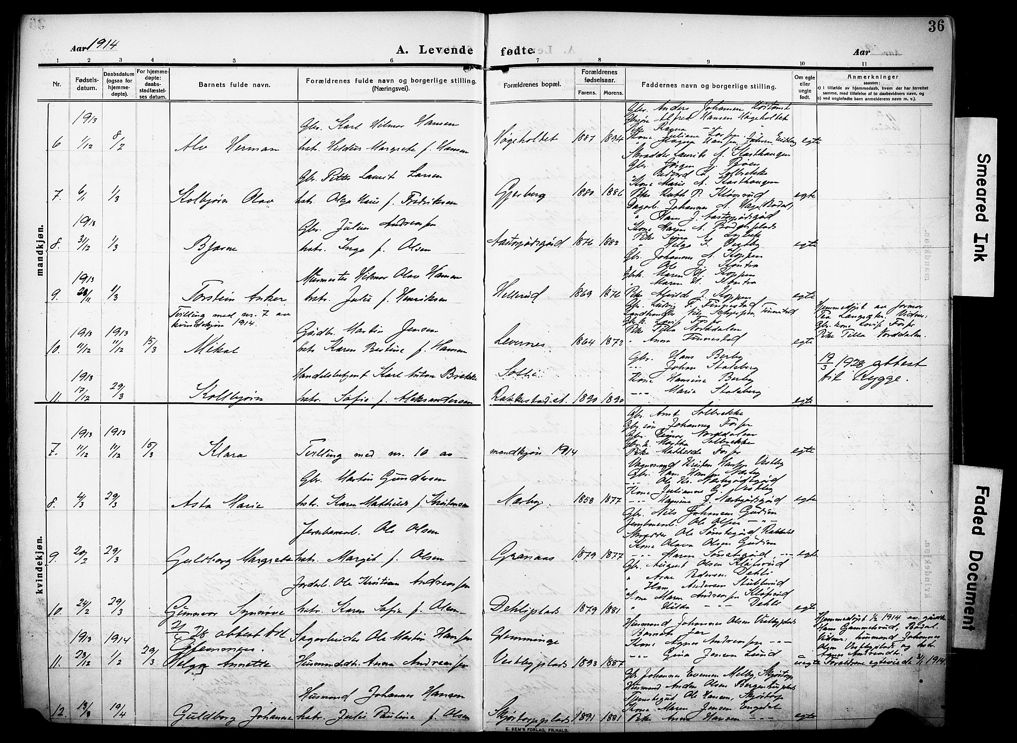 Rakkestad prestekontor Kirkebøker, AV/SAO-A-2008/F/Fa/L0015: Parish register (official) no. I 15, 1909-1922, p. 36