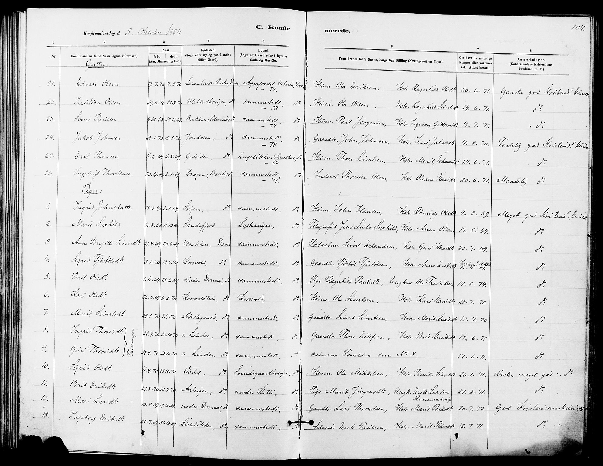 Dovre prestekontor, SAH/PREST-066/H/Ha/Haa/L0002: Parish register (official) no. 2, 1879-1890, p. 104