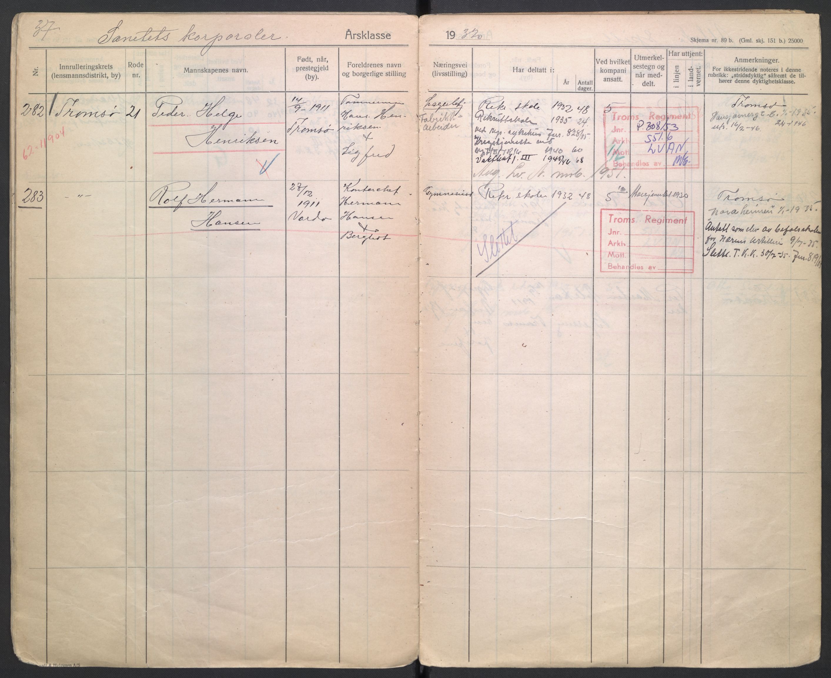 Forsvaret, Troms infanteriregiment nr. 16, AV/RA-RAFA-3146/P/Pa/L0006/0001: Ruller / Rulle for Trondenes bataljons menige mannskaper, årsklasse 1932, 1932, p. 37