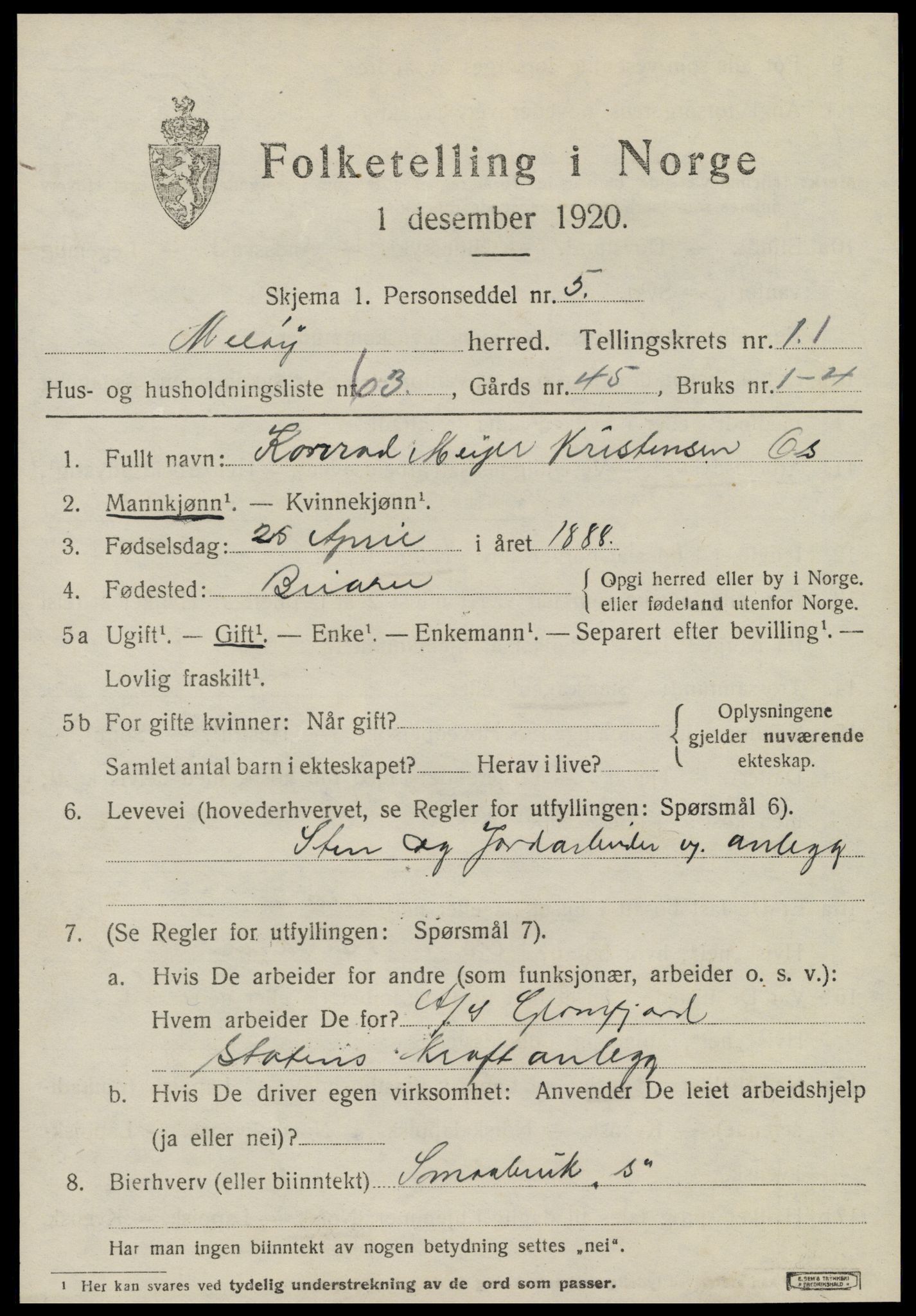 SAT, 1920 census for Meløy, 1920, p. 6833