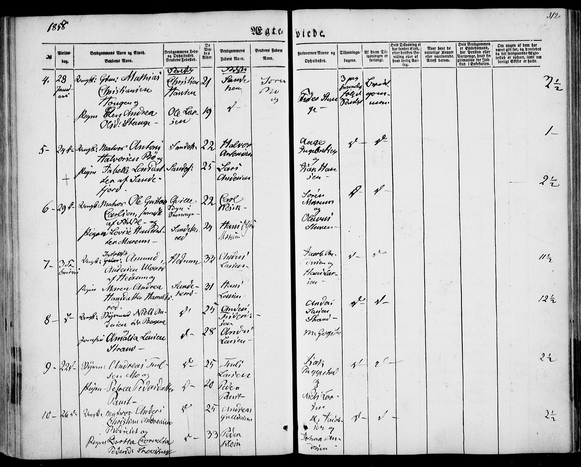 Sandar kirkebøker, SAKO/A-243/F/Fa/L0007: Parish register (official) no. 7, 1855-1861, p. 312