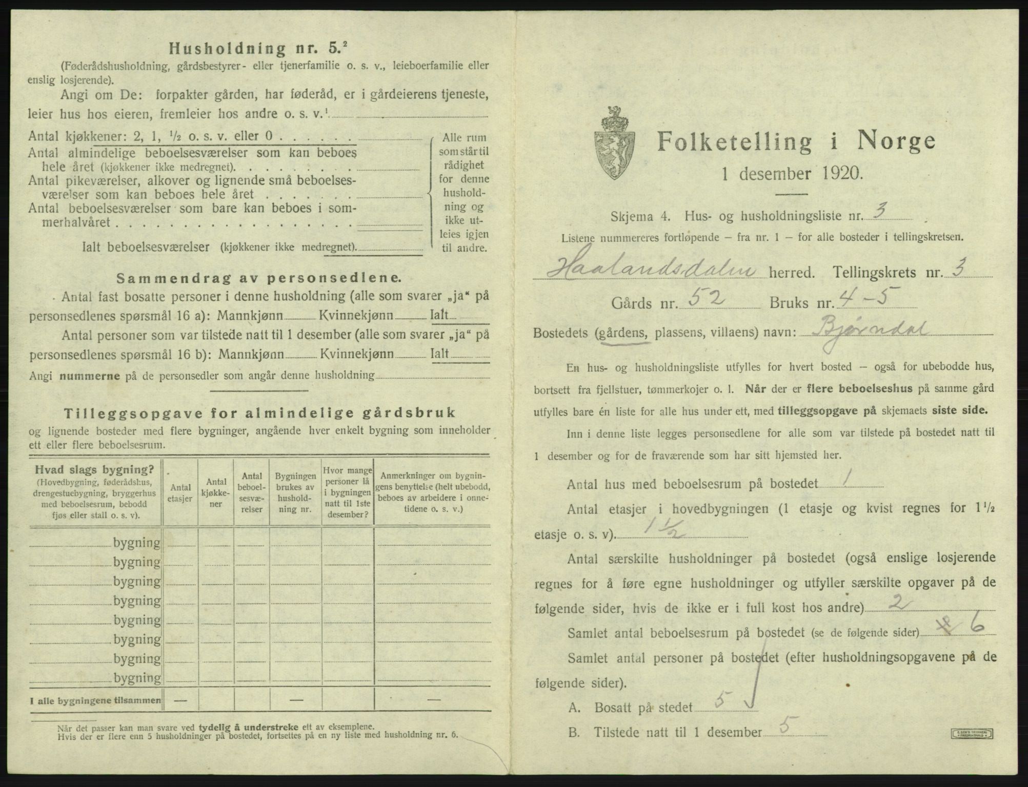 SAB, 1920 census for Hålandsdal, 1920, p. 99