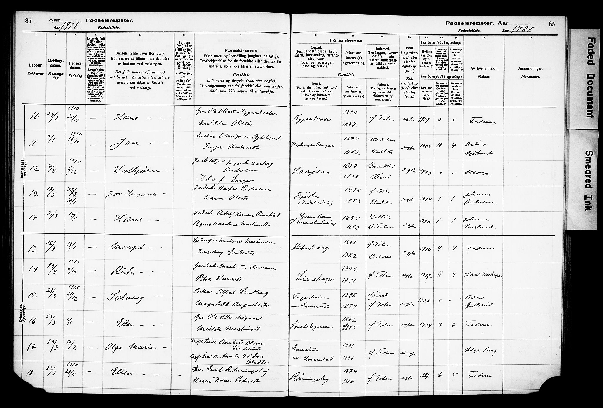 Østre Toten prestekontor, AV/SAH-PREST-104/I/Id/L0001/0001: Birth register no. 1.1, 1916-1928, p. 85