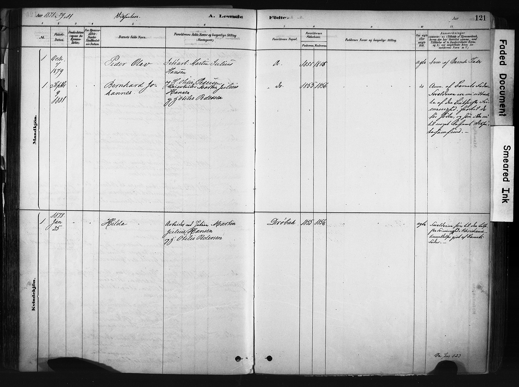 Drøbak prestekontor Kirkebøker, SAO/A-10142a/F/Fb/L0001: Parish register (official) no. II 1, 1878-1891, p. 121