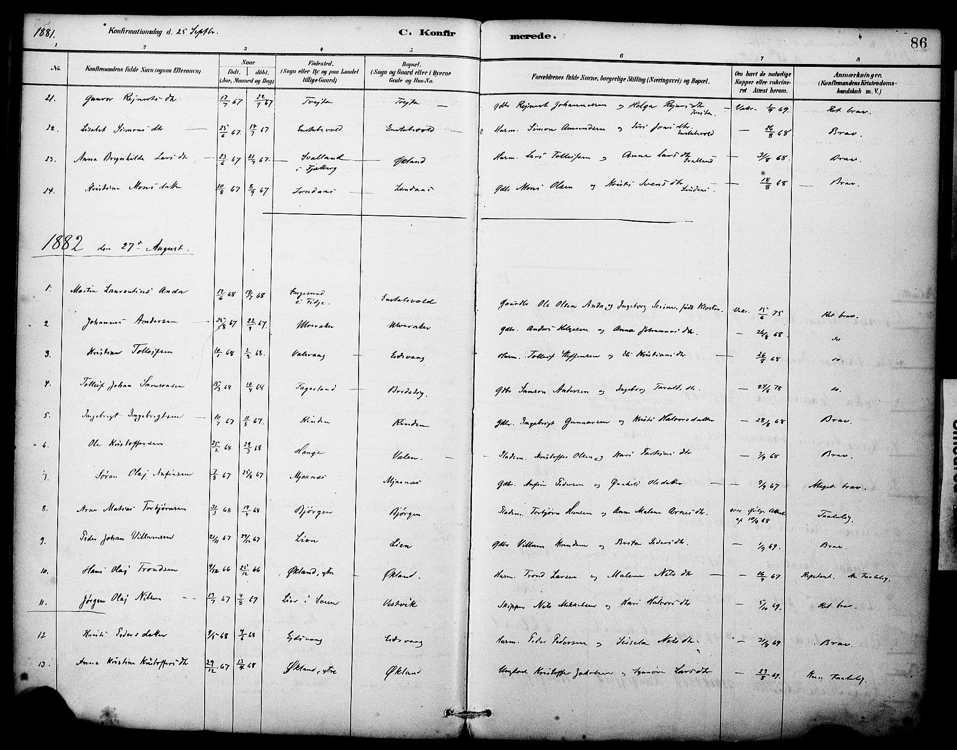 Sveio Sokneprestembete, SAB/A-78501/H/Haa: Parish register (official) no. C 2, 1881-1899, p. 86