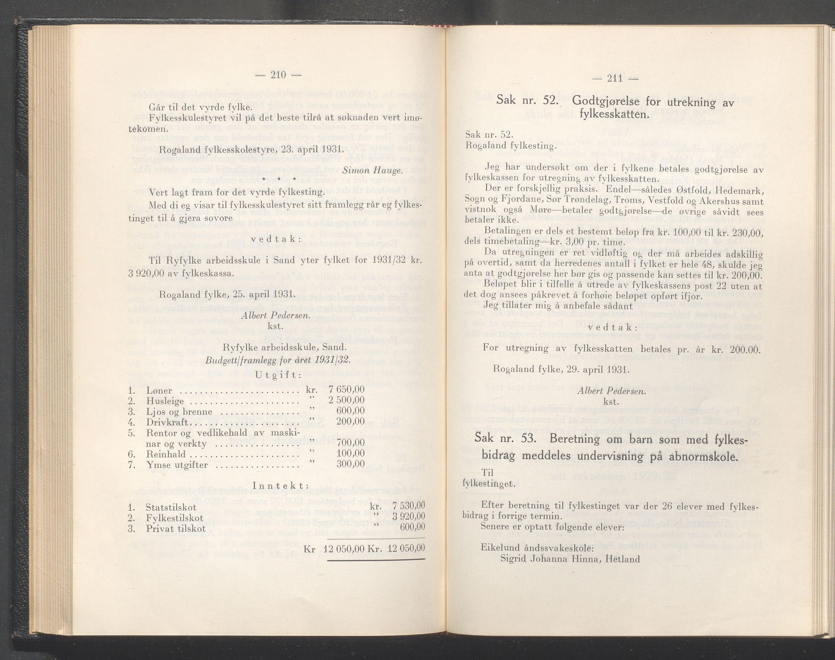 Rogaland fylkeskommune - Fylkesrådmannen , IKAR/A-900/A/Aa/Aaa/L0050: Møtebok , 1931, p. 210-211