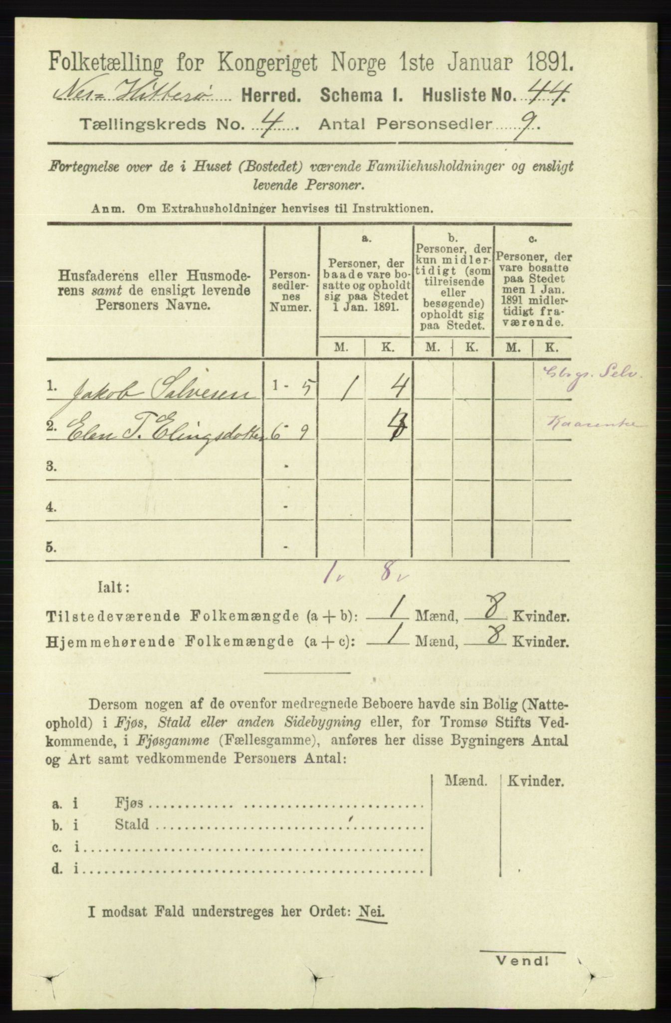 RA, 1891 census for 1043 Hidra og Nes, 1891, p. 1413