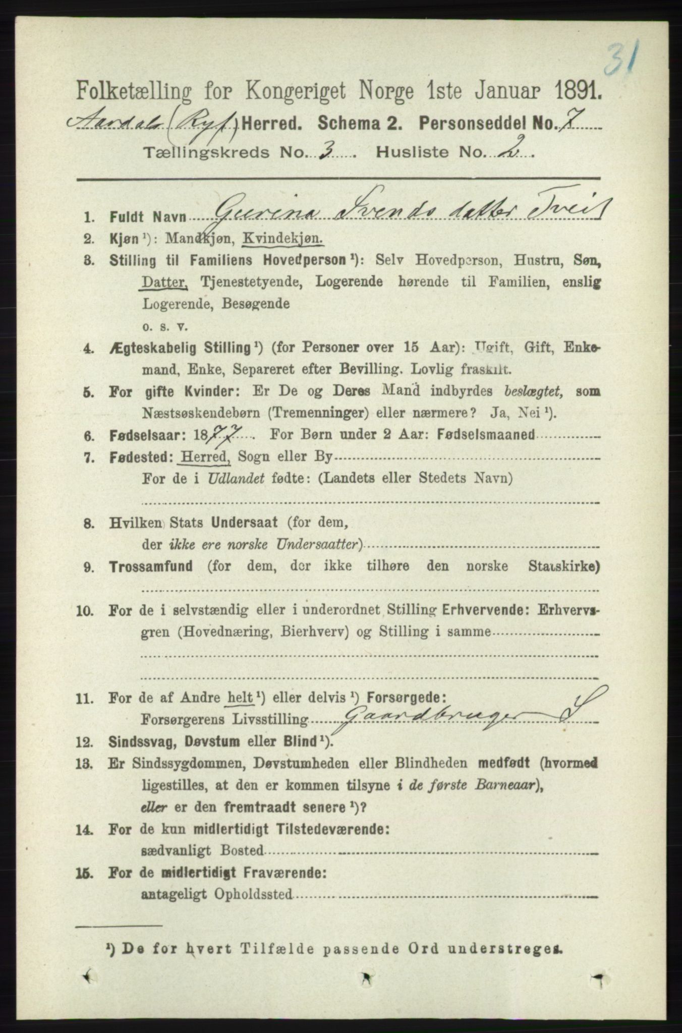 RA, 1891 census for 1131 Årdal, 1891, p. 836