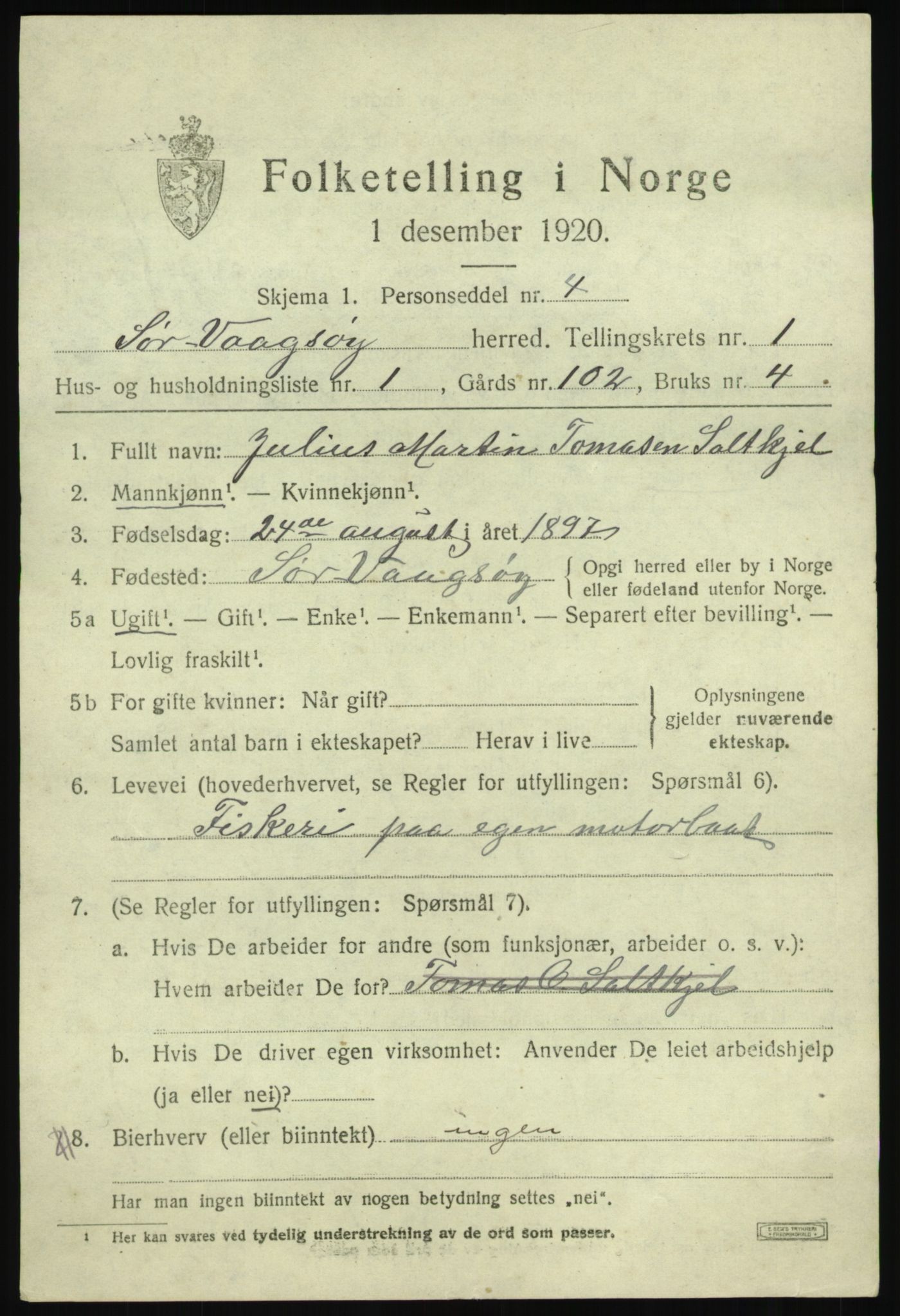 SAB, 1920 census for Sør-Vågsøy, 1920, p. 584