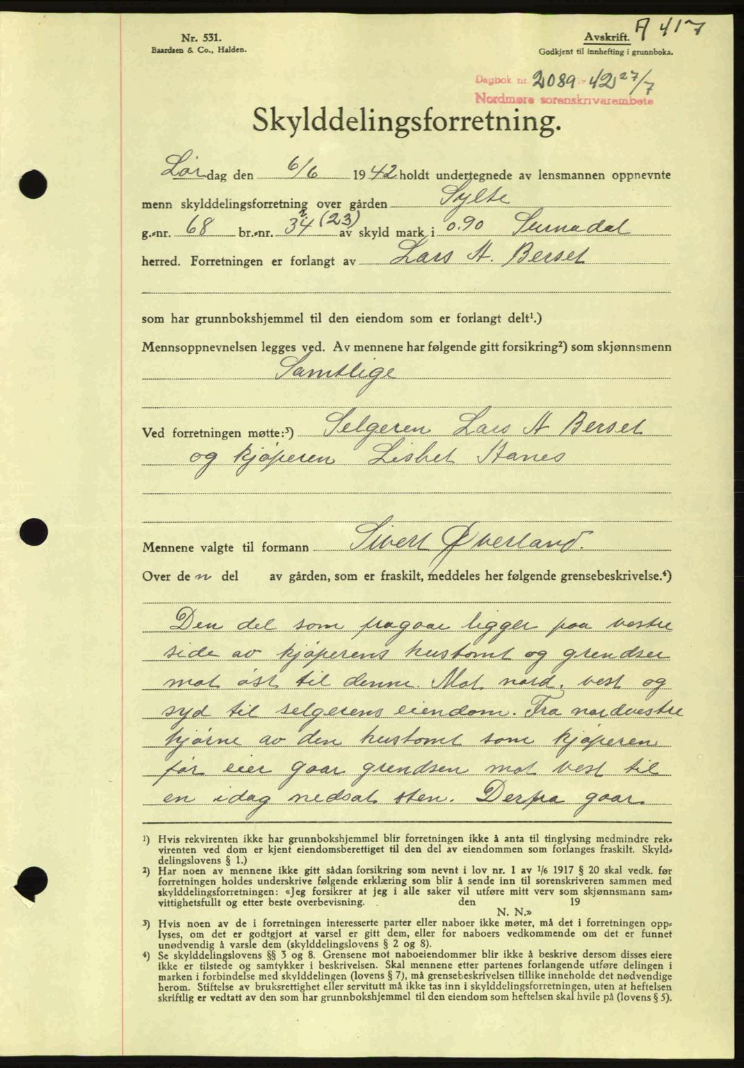 Nordmøre sorenskriveri, AV/SAT-A-4132/1/2/2Ca: Mortgage book no. A93, 1942-1942, Diary no: : 2089/1942