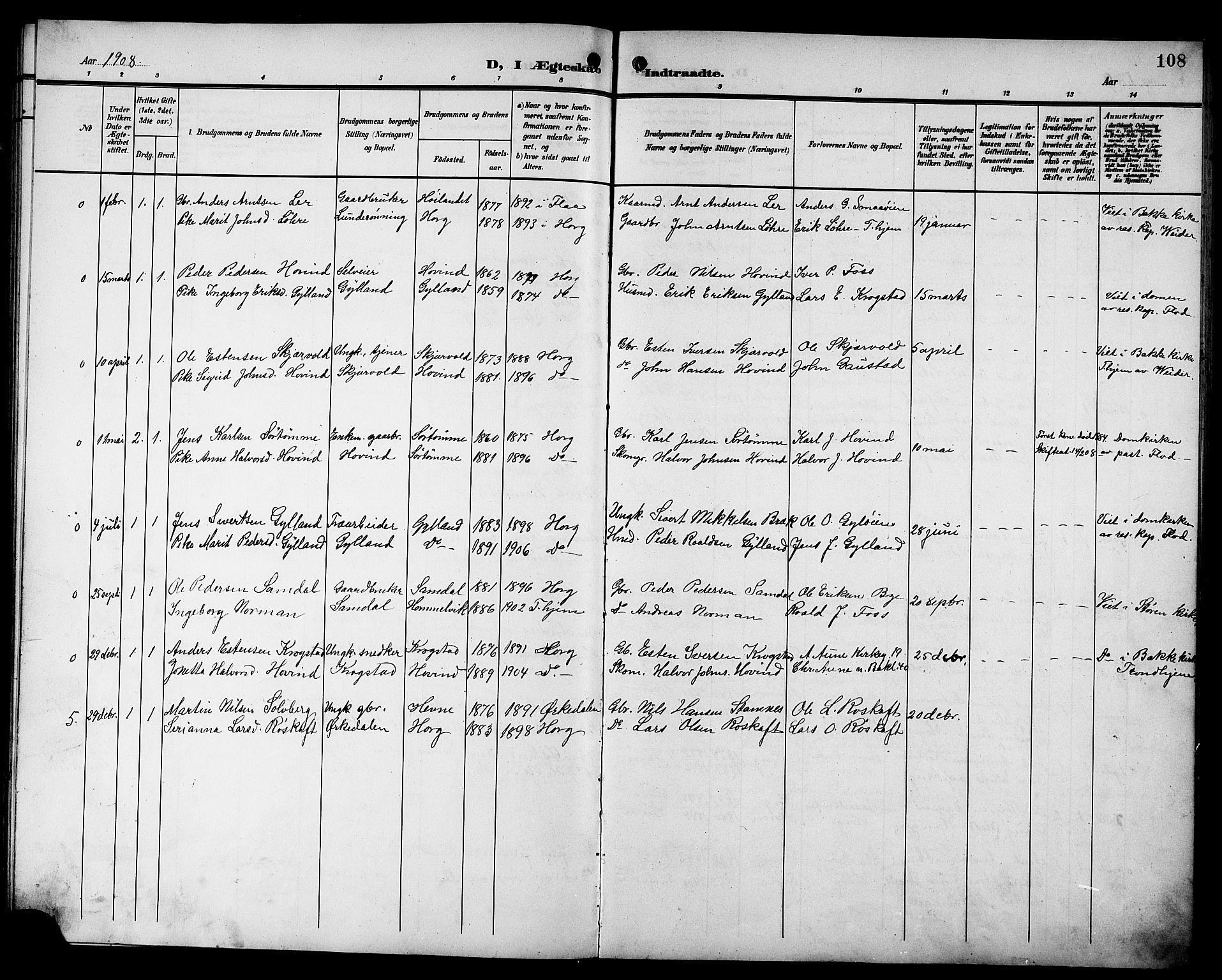 Ministerialprotokoller, klokkerbøker og fødselsregistre - Sør-Trøndelag, SAT/A-1456/692/L1112: Parish register (copy) no. 692C07, 1904-1918, p. 108