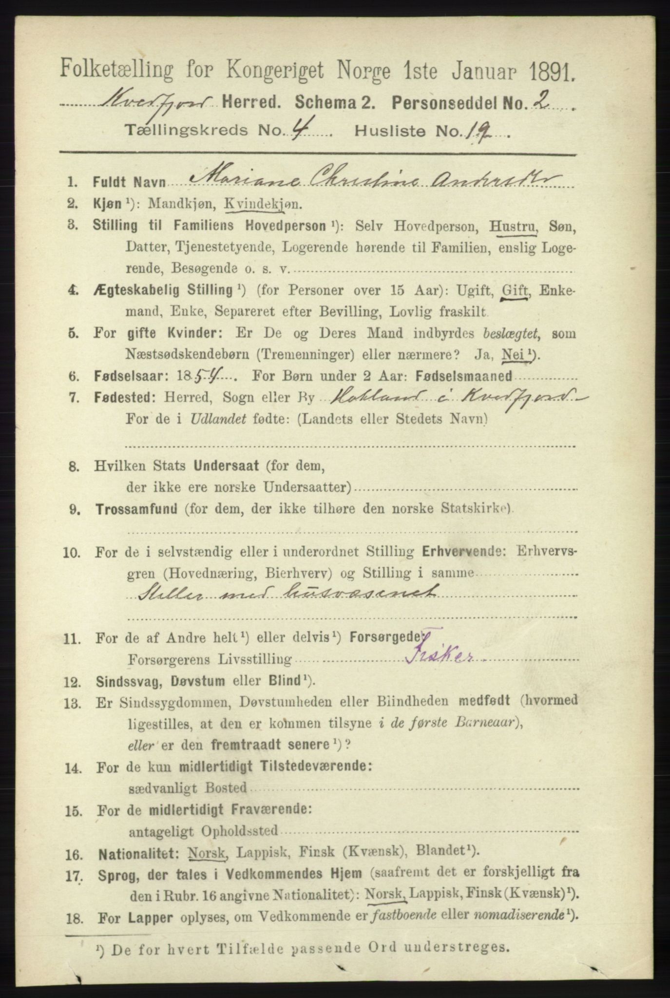 RA, 1891 census for 1911 Kvæfjord, 1891, p. 2003