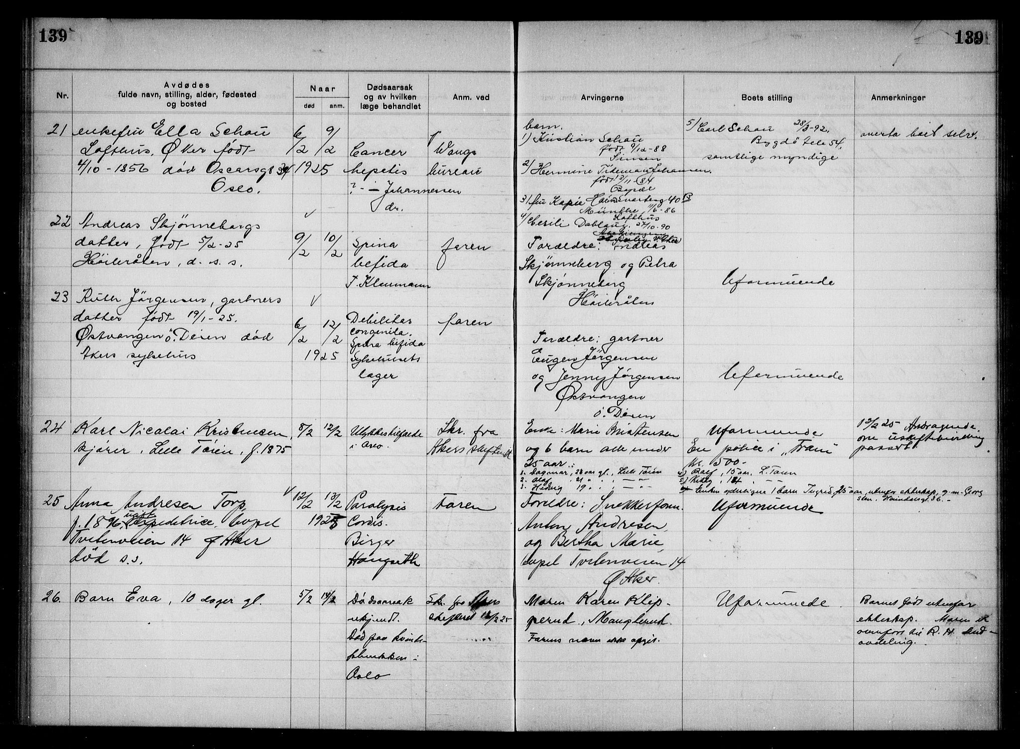 Aker kriminaldommer, skifte- og auksjonsforvalterembete, SAO/A-10452/H/Hb/Hba/Hbac/L0001: Dødsfallsprotokoll for Østre Aker, 1922-1927, p. 139