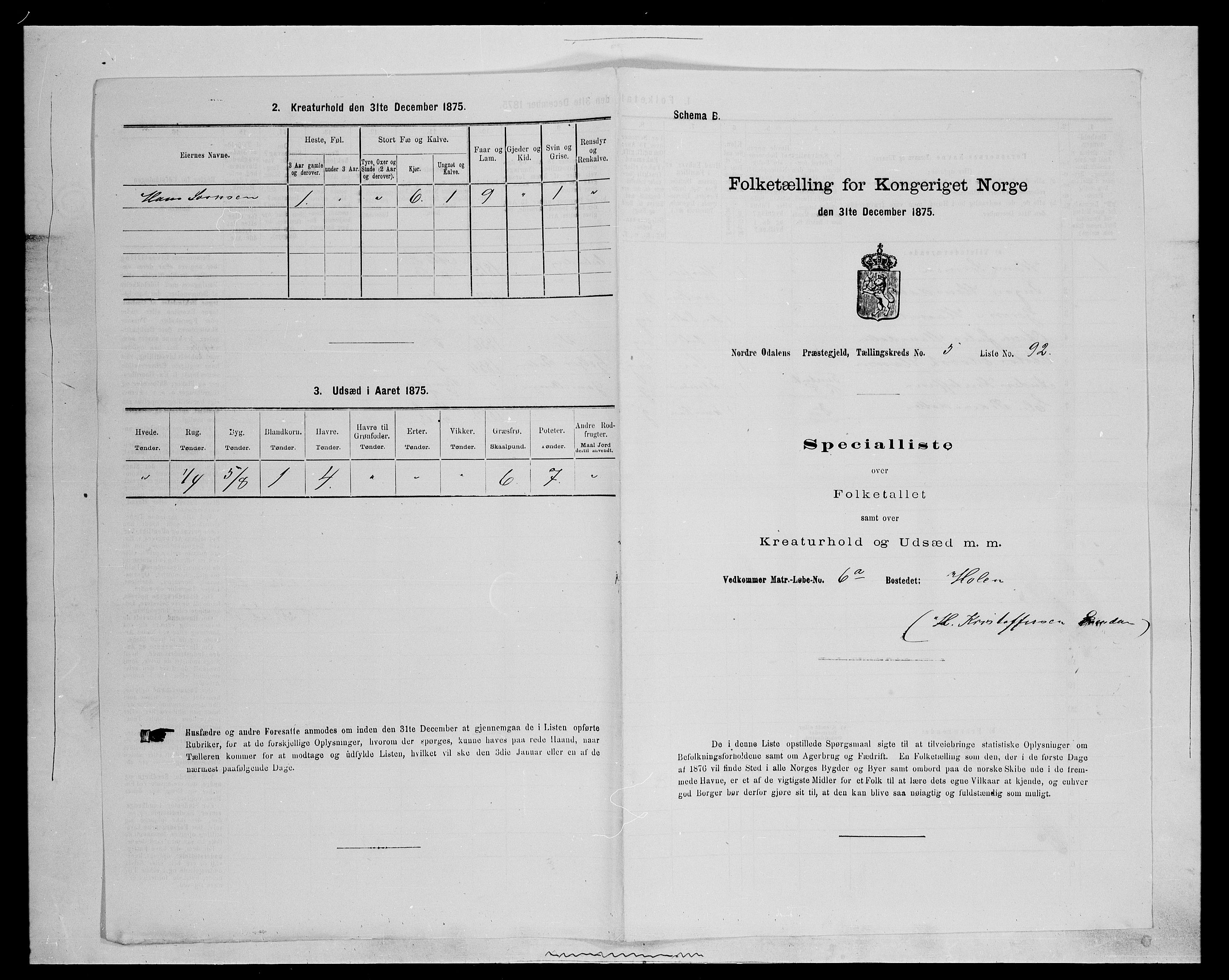 SAH, 1875 census for 0418P Nord-Odal, 1875, p. 934