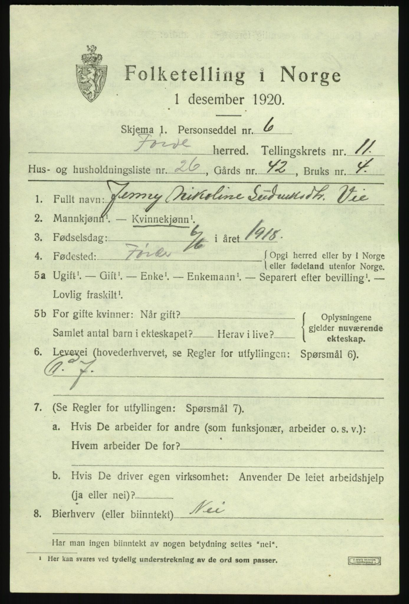 SAB, 1920 census for Førde, 1920, p. 4256