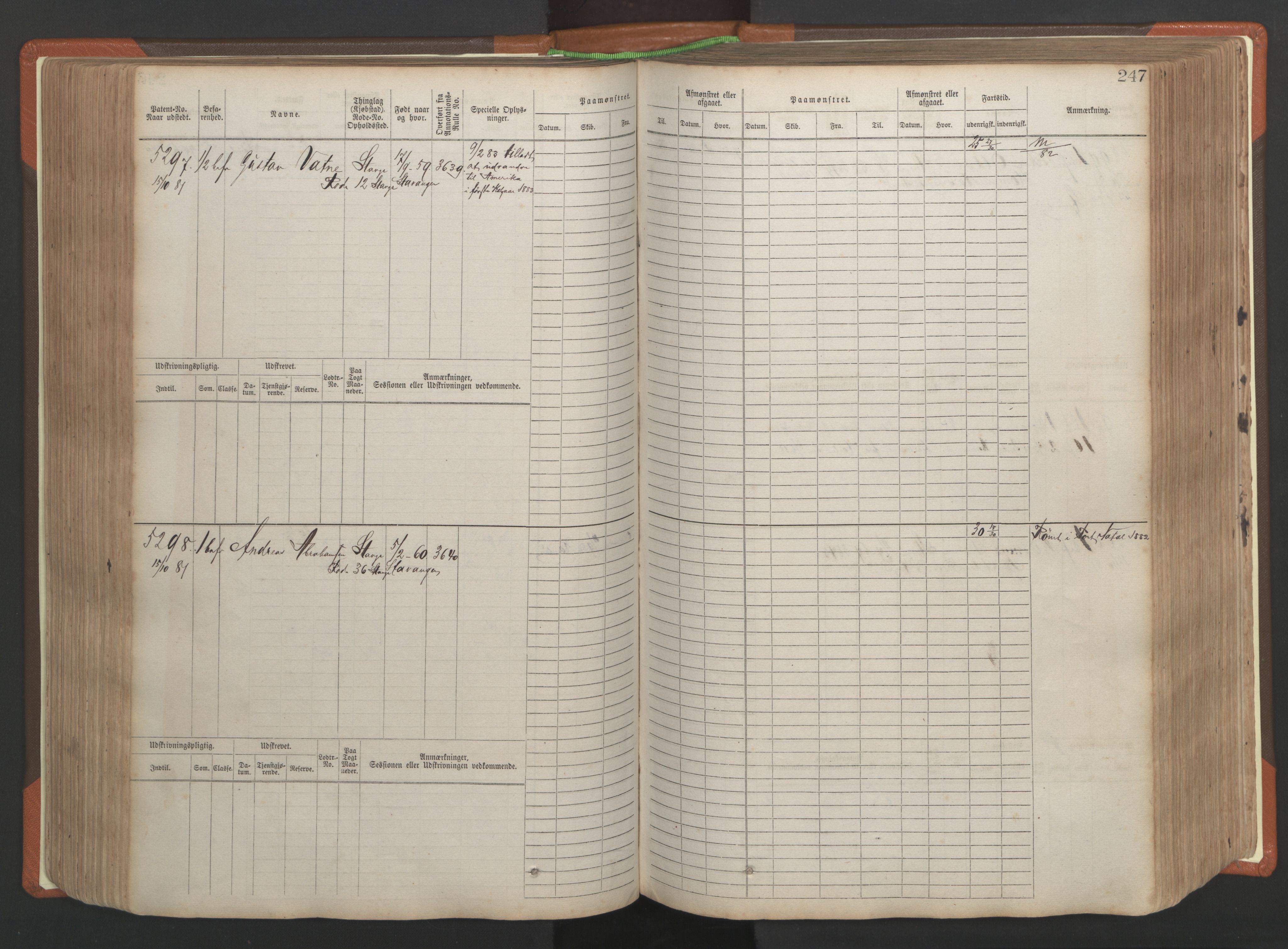 Stavanger sjømannskontor, AV/SAST-A-102006/F/Fb/Fbb/L0009: Sjøfartshovedrulle, patentnr. 4805-6006, 1879-1887, p. 253