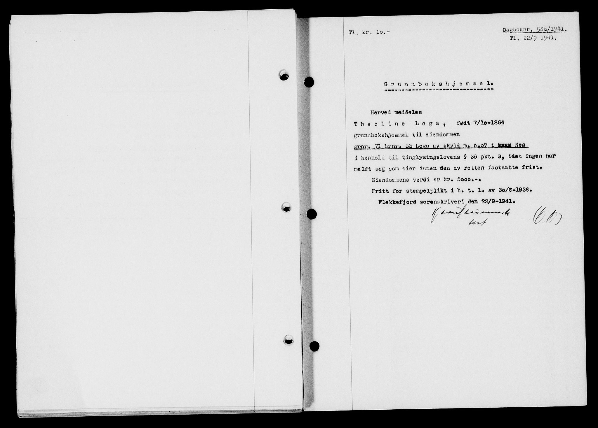 Flekkefjord sorenskriveri, SAK/1221-0001/G/Gb/Gba/L0057: Mortgage book no. A-5, 1941-1942, Diary no: : 586/1941
