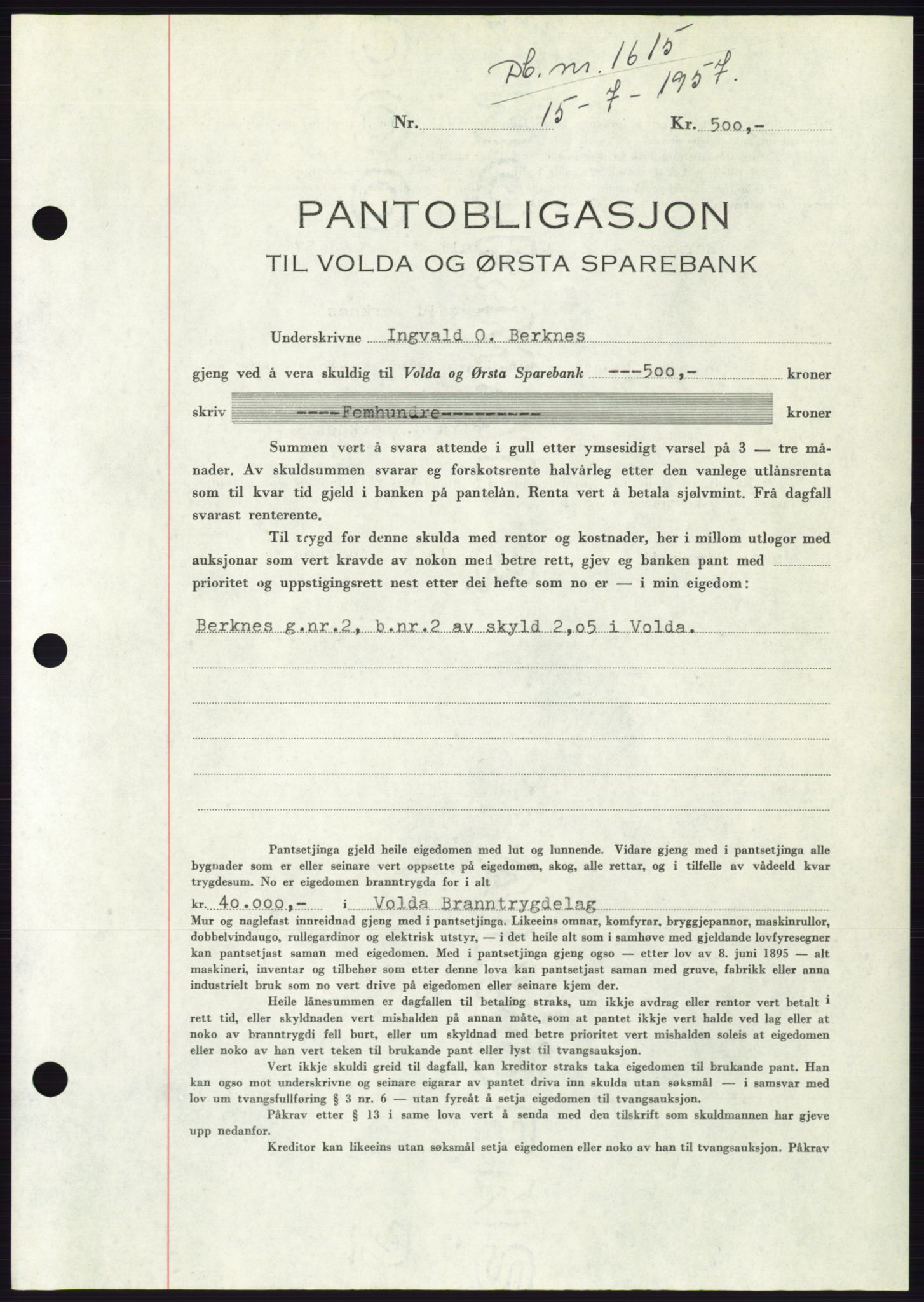 Søre Sunnmøre sorenskriveri, AV/SAT-A-4122/1/2/2C/L0130: Mortgage book no. 18B, 1957-1958, Diary no: : 1615/1957