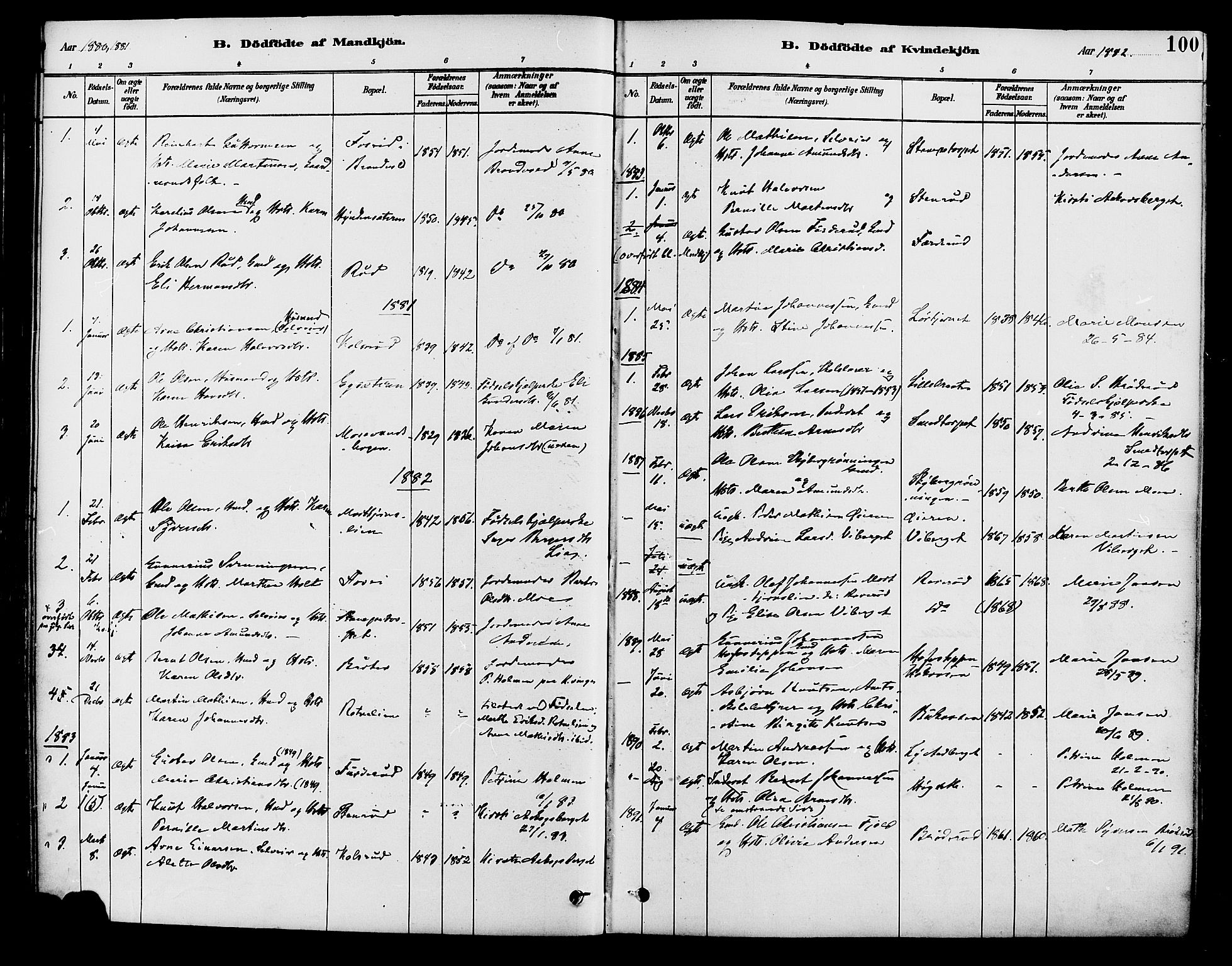 Brandval prestekontor, SAH/PREST-034/H/Ha/Haa/L0002: Parish register (official) no. 2, 1880-1894, p. 100