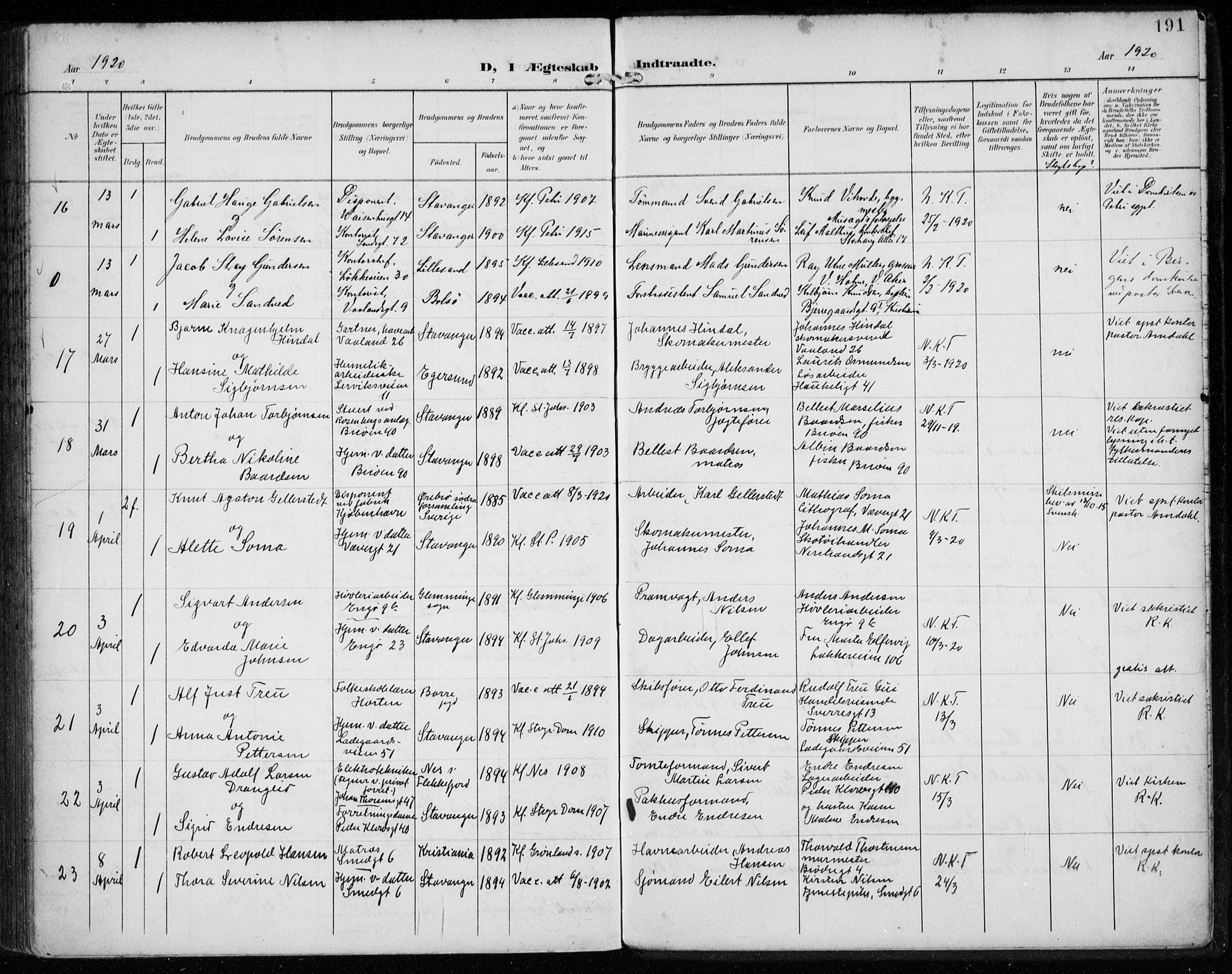 St. Petri sokneprestkontor, AV/SAST-A-101813/002/A/L0003: Parish register (official) no. A 24, 1900-1921, p. 191