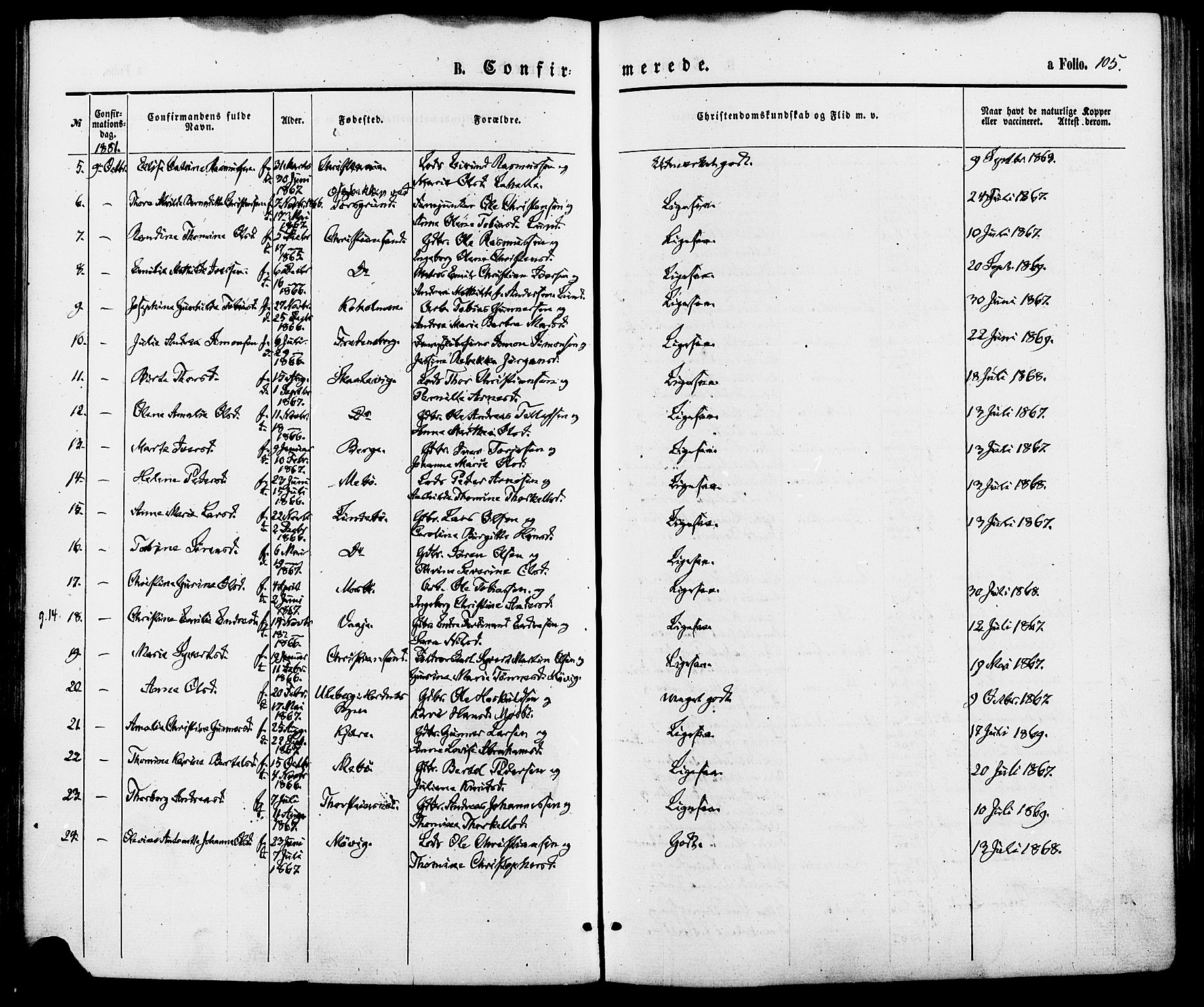 Oddernes sokneprestkontor, AV/SAK-1111-0033/F/Fa/Fab/L0001: Parish register (official) no. A 1, 1865-1884, p. 105