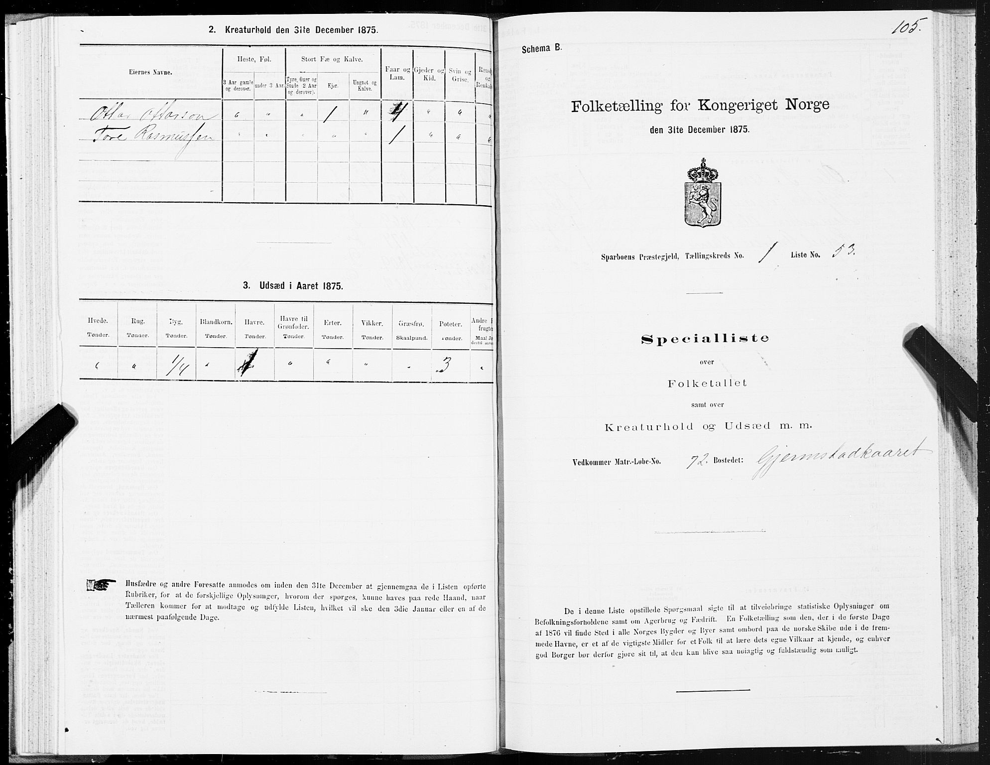 SAT, 1875 census for 1731P Sparbu, 1875, p. 1105