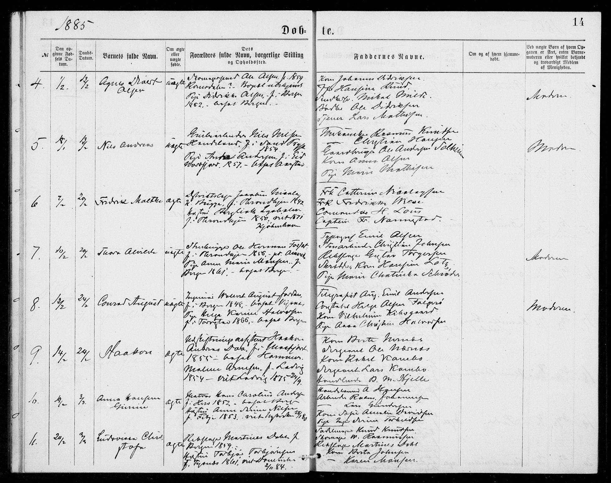 Fødselsstiftelsens sokneprestembete, ført av overlegen*, SAB/-: Parish register (official) no. A 2, 1884-1900, p. 14