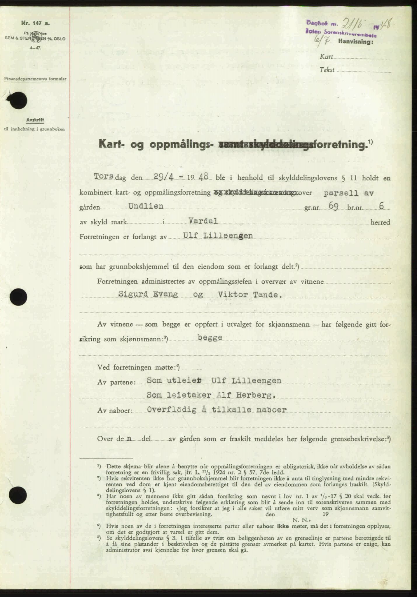 Toten tingrett, SAH/TING-006/H/Hb/Hbc/L0020: Mortgage book no. Hbc-20, 1948-1948, Diary no: : 2115/1948