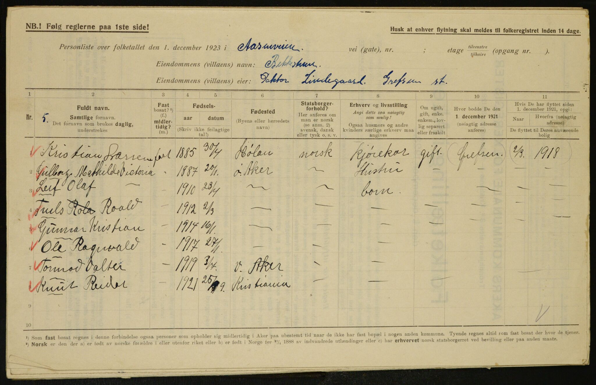 , Municipal Census 1923 for Aker, 1923, p. 7407