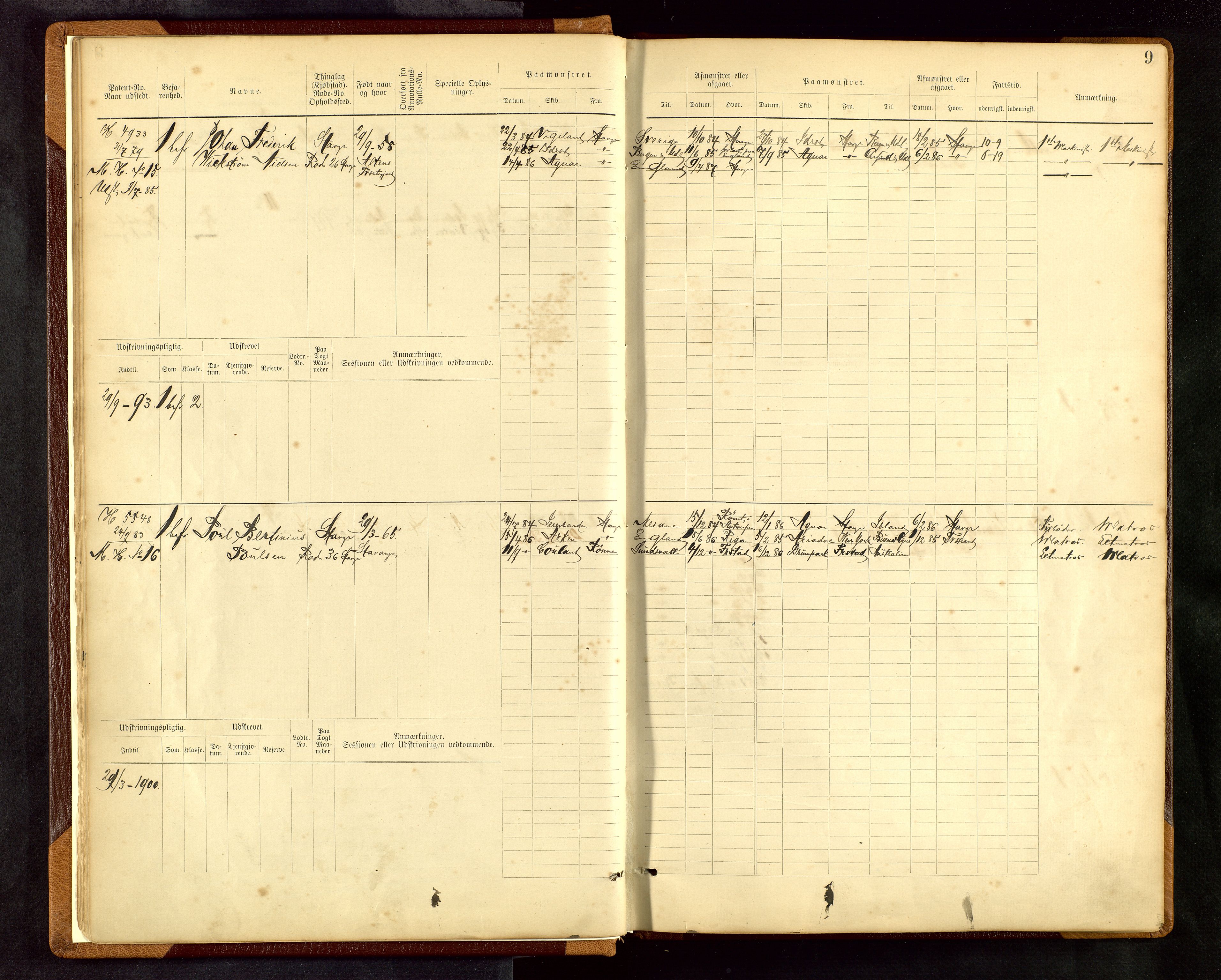 Stavanger sjømannskontor, AV/SAST-A-102006/F/Fe/L0001: Maskinist- og fyrbøterrulle, patentnr. 1-58/1-194, 1884-1894, p. 12