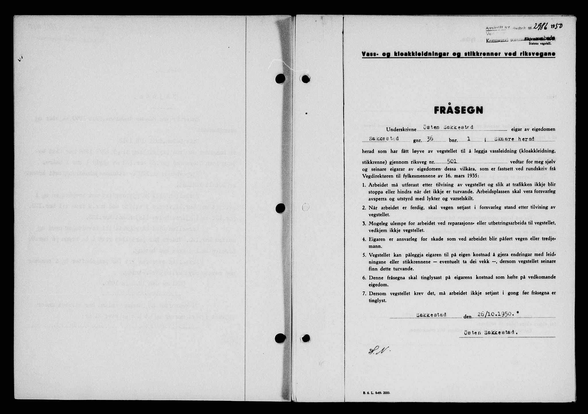 Karmsund sorenskriveri, SAST/A-100311/01/II/IIB/L0101: Mortgage book no. 81A, 1950-1951, Diary no: : 2986/1950