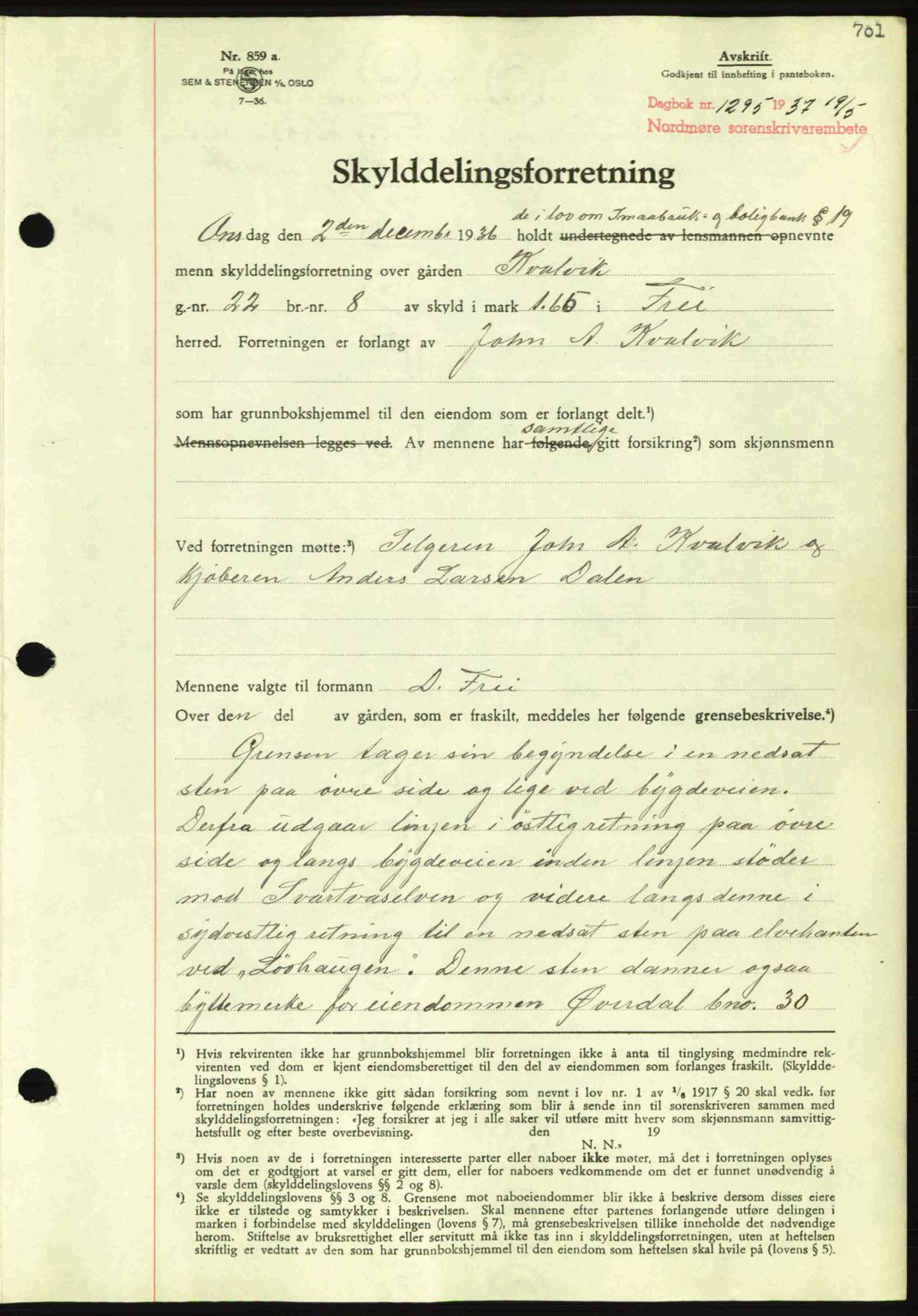 Nordmøre sorenskriveri, AV/SAT-A-4132/1/2/2Ca: Mortgage book no. A81, 1937-1937, Diary no: : 1295/1937