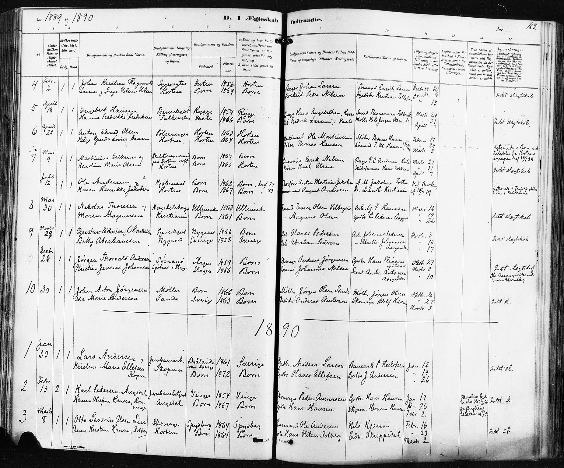 Borre kirkebøker, SAKO/A-338/F/Fa/L0009: Parish register (official) no. I 9, 1878-1896, p. 162