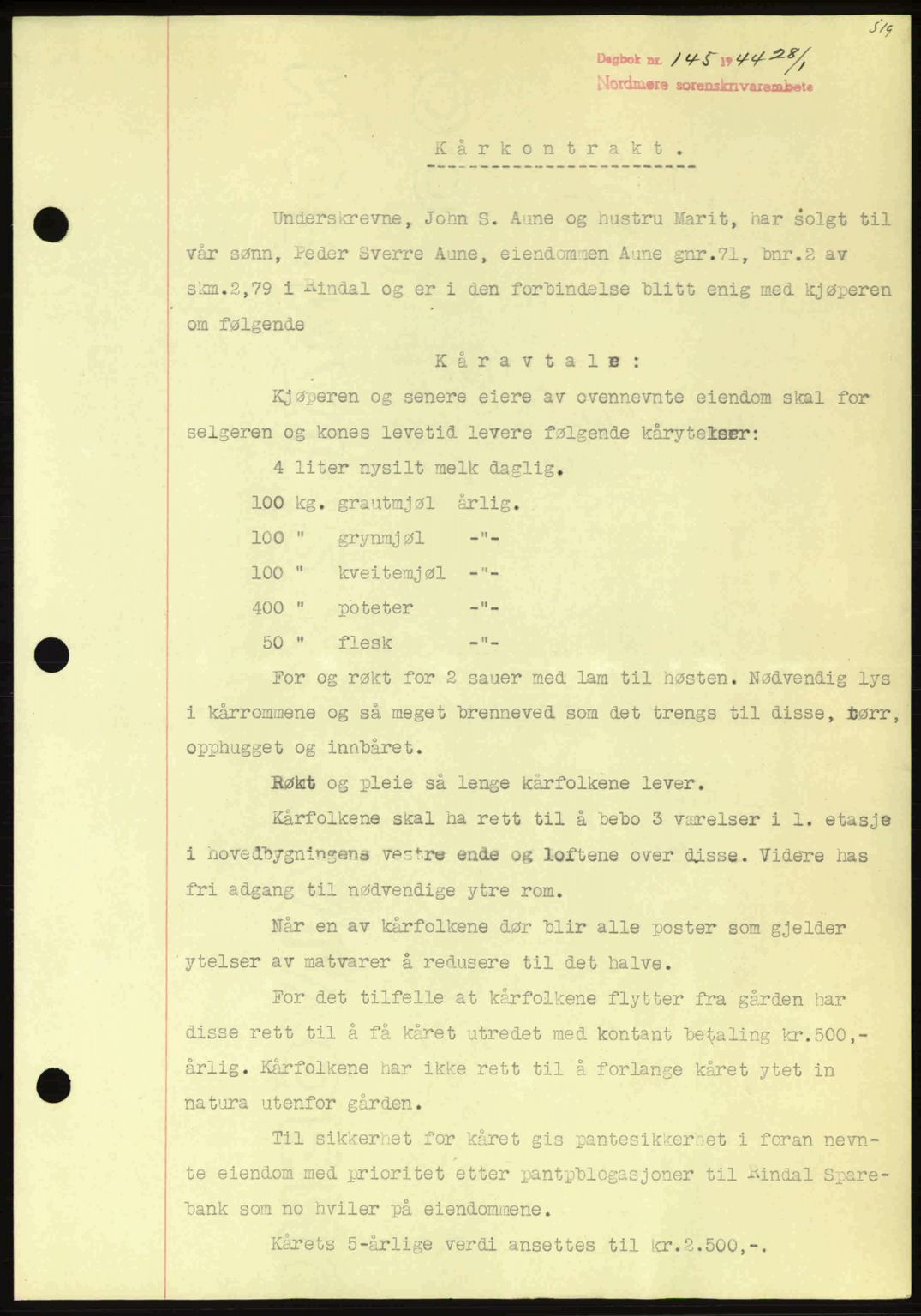 Nordmøre sorenskriveri, AV/SAT-A-4132/1/2/2Ca: Mortgage book no. B91, 1943-1944, Diary no: : 145/1944