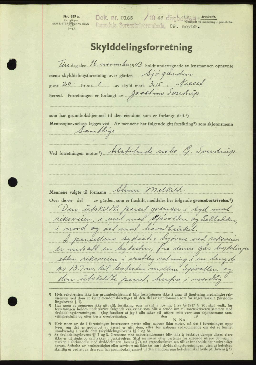 Romsdal sorenskriveri, AV/SAT-A-4149/1/2/2C: Mortgage book no. A15, 1943-1944, Diary no: : 2165/1943