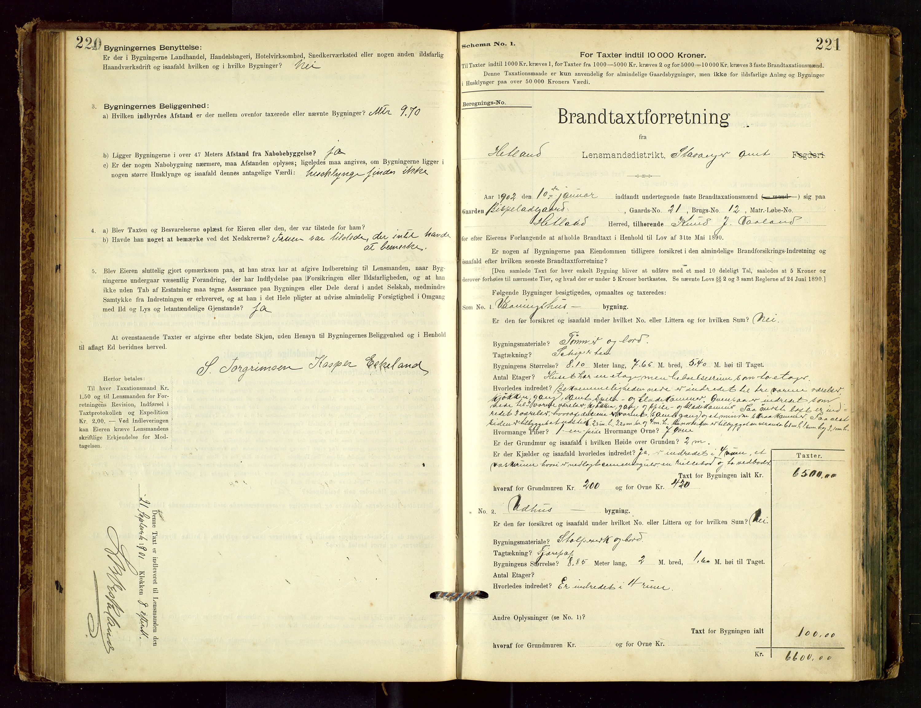 Hetland lensmannskontor, SAST/A-100101/Gob/L0001: "Brandtaxationsprotokol", 1895-1918, p. 220-221