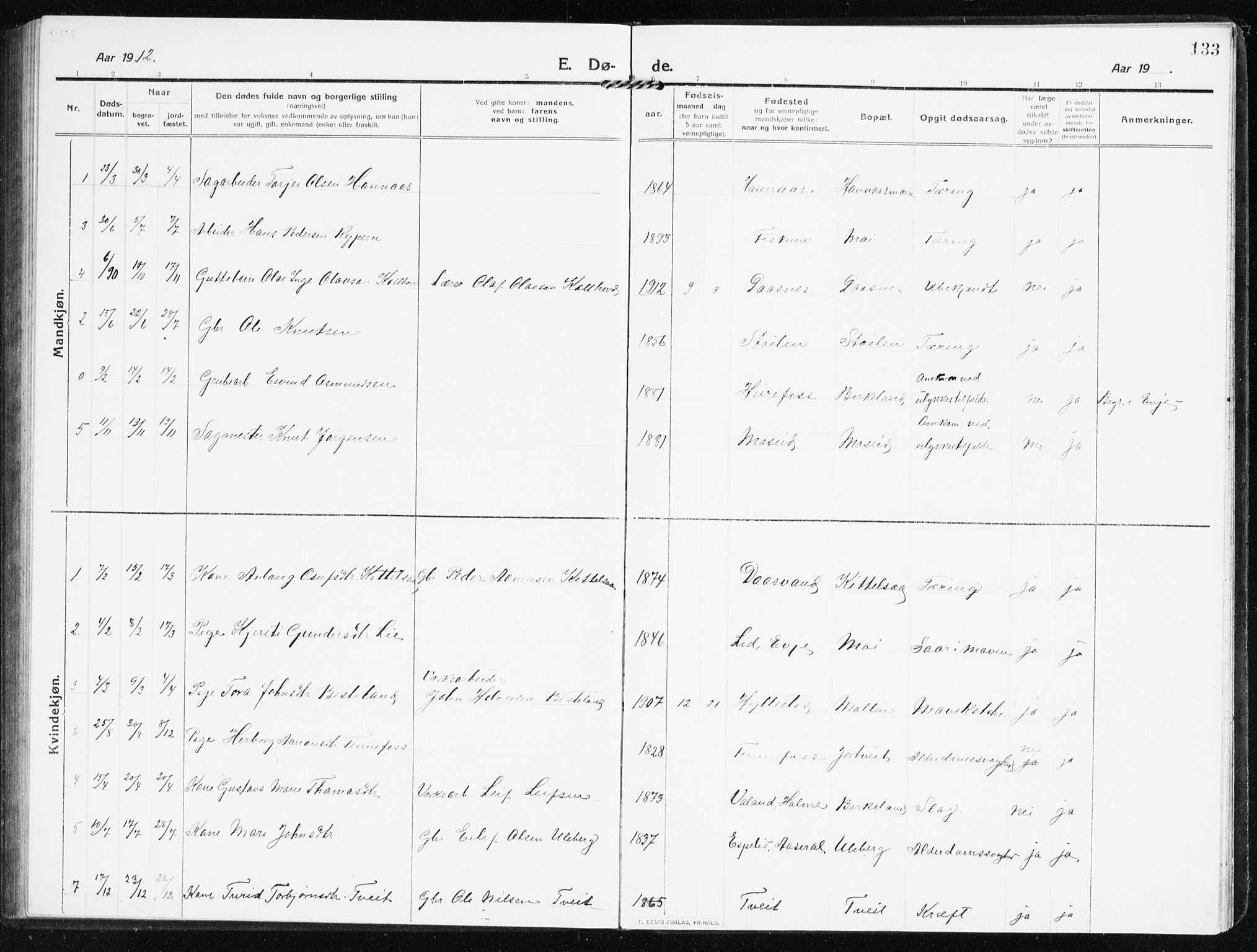 Evje sokneprestkontor, AV/SAK-1111-0008/F/Fb/Fbb/L0003: Parish register (copy) no. B 3, 1910-1933, p. 133