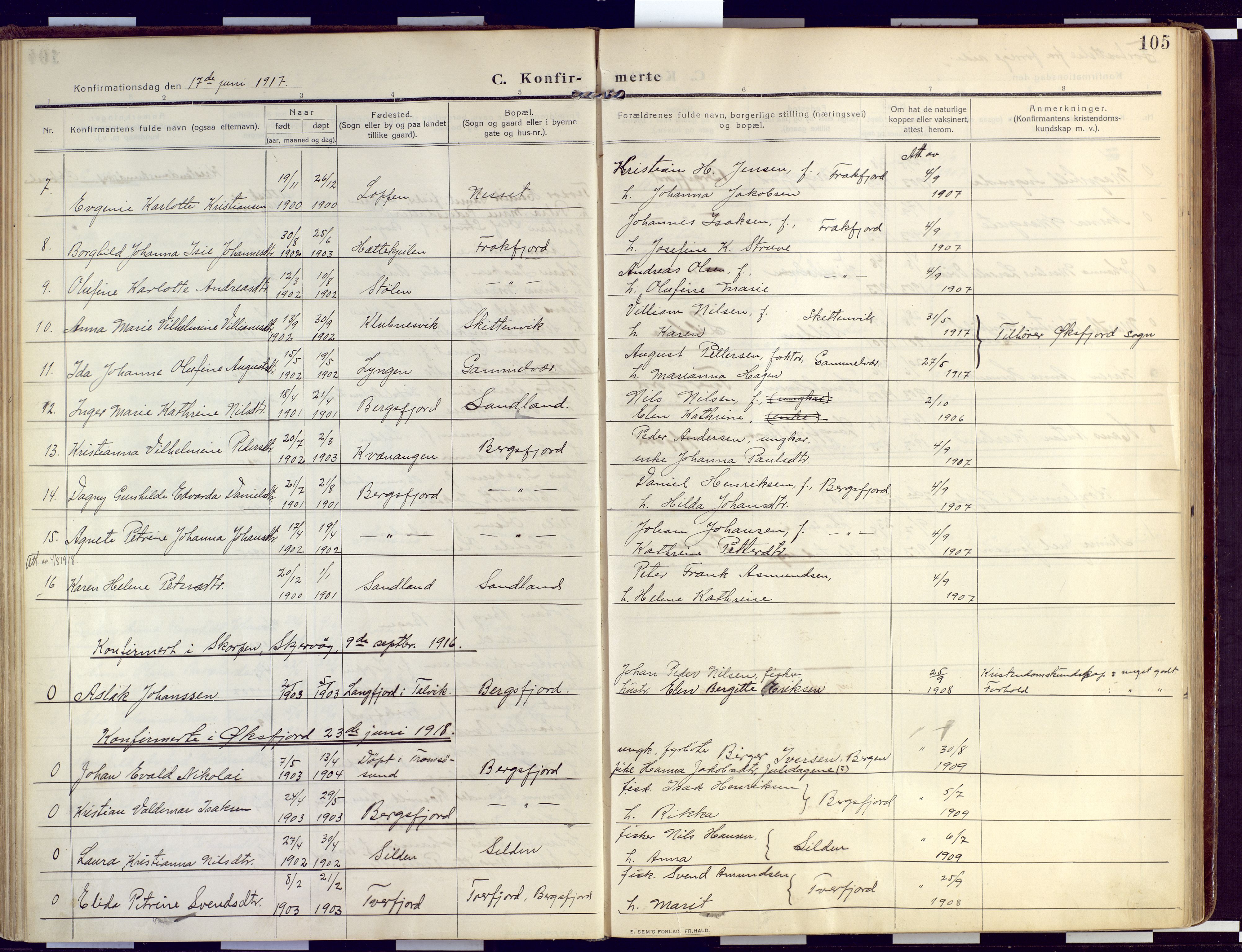 Loppa sokneprestkontor, SATØ/S-1339/H/Ha/L0011kirke: Parish register (official) no. 11, 1909-1919, p. 105