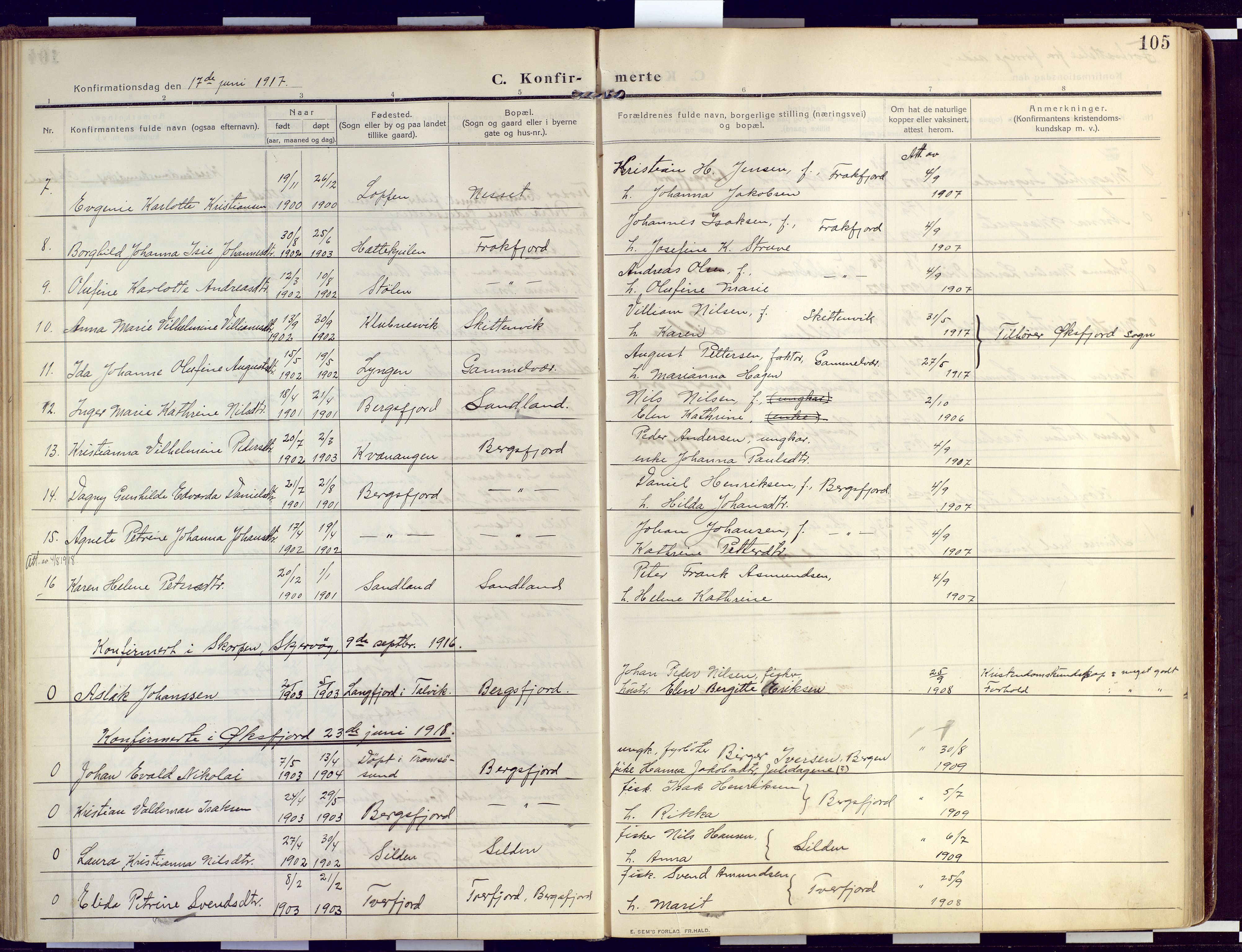 Loppa sokneprestkontor, AV/SATØ-S-1339/H/Ha/L0011kirke: Parish register (official) no. 11, 1909-1919, p. 105