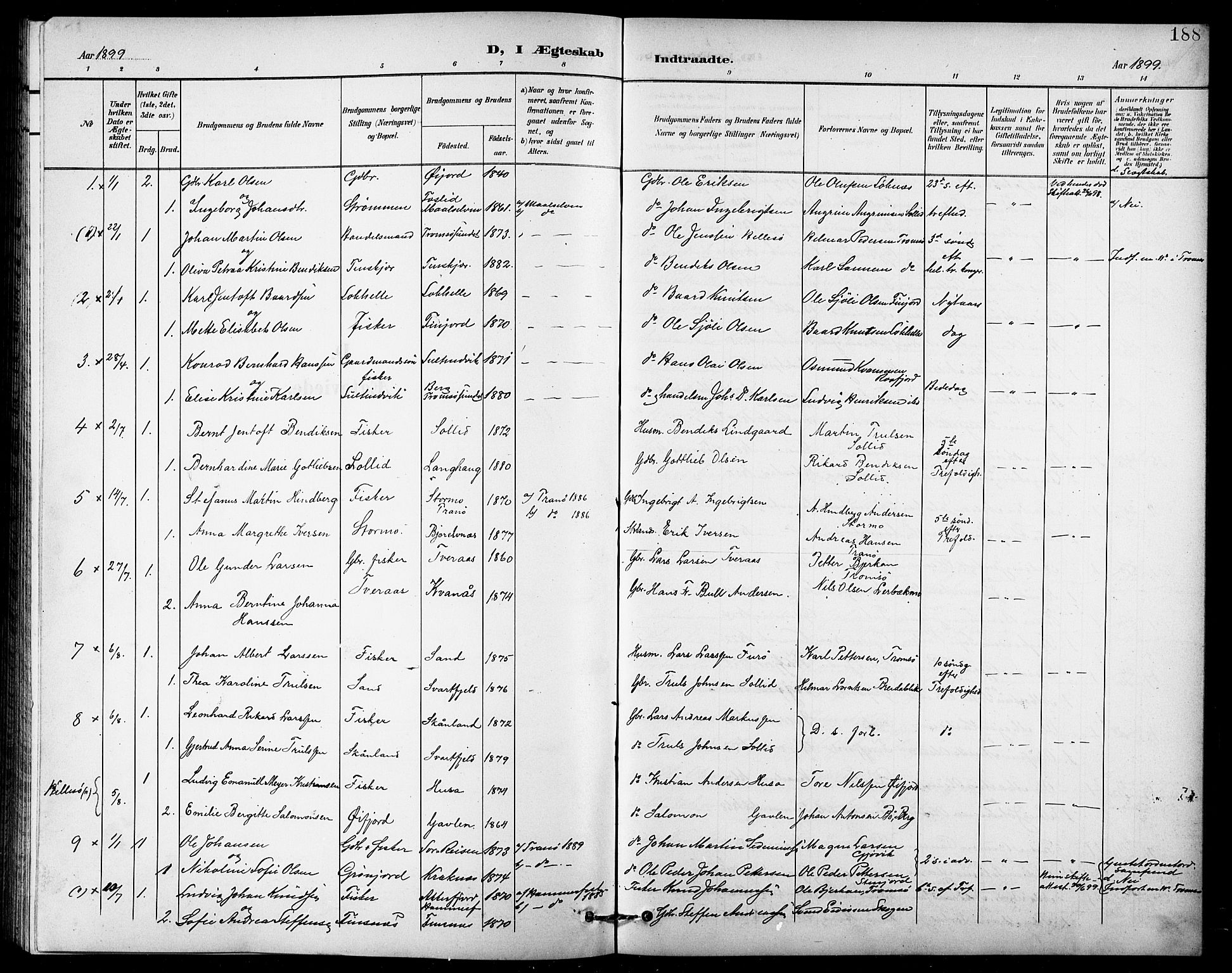 Lenvik sokneprestembete, SATØ/S-1310/H/Ha/Hab/L0008klokker: Parish register (copy) no. 8, 1899-1911, p. 188