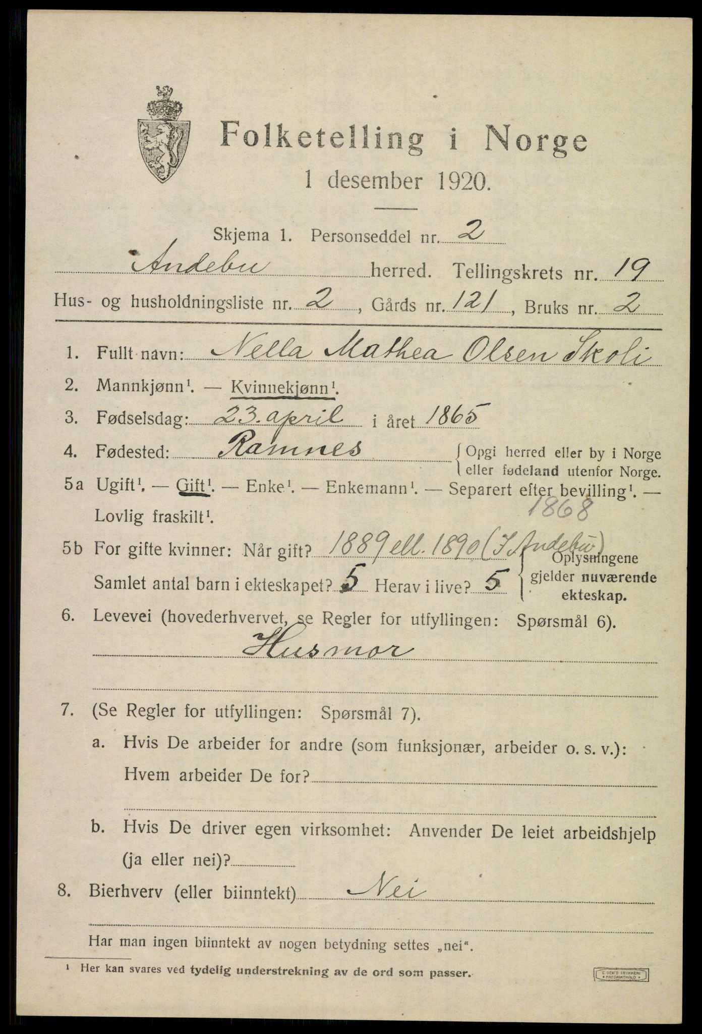 SAKO, 1920 census for Andebu, 1920, p. 6302