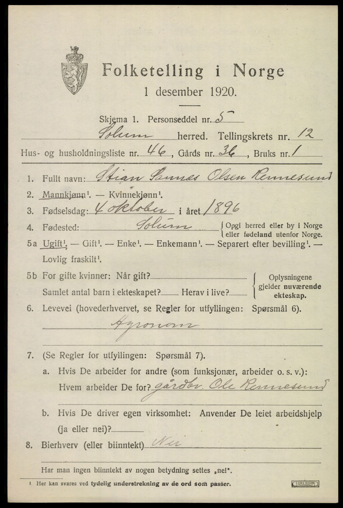 SAKO, 1920 census for Solum, 1920, p. 17510