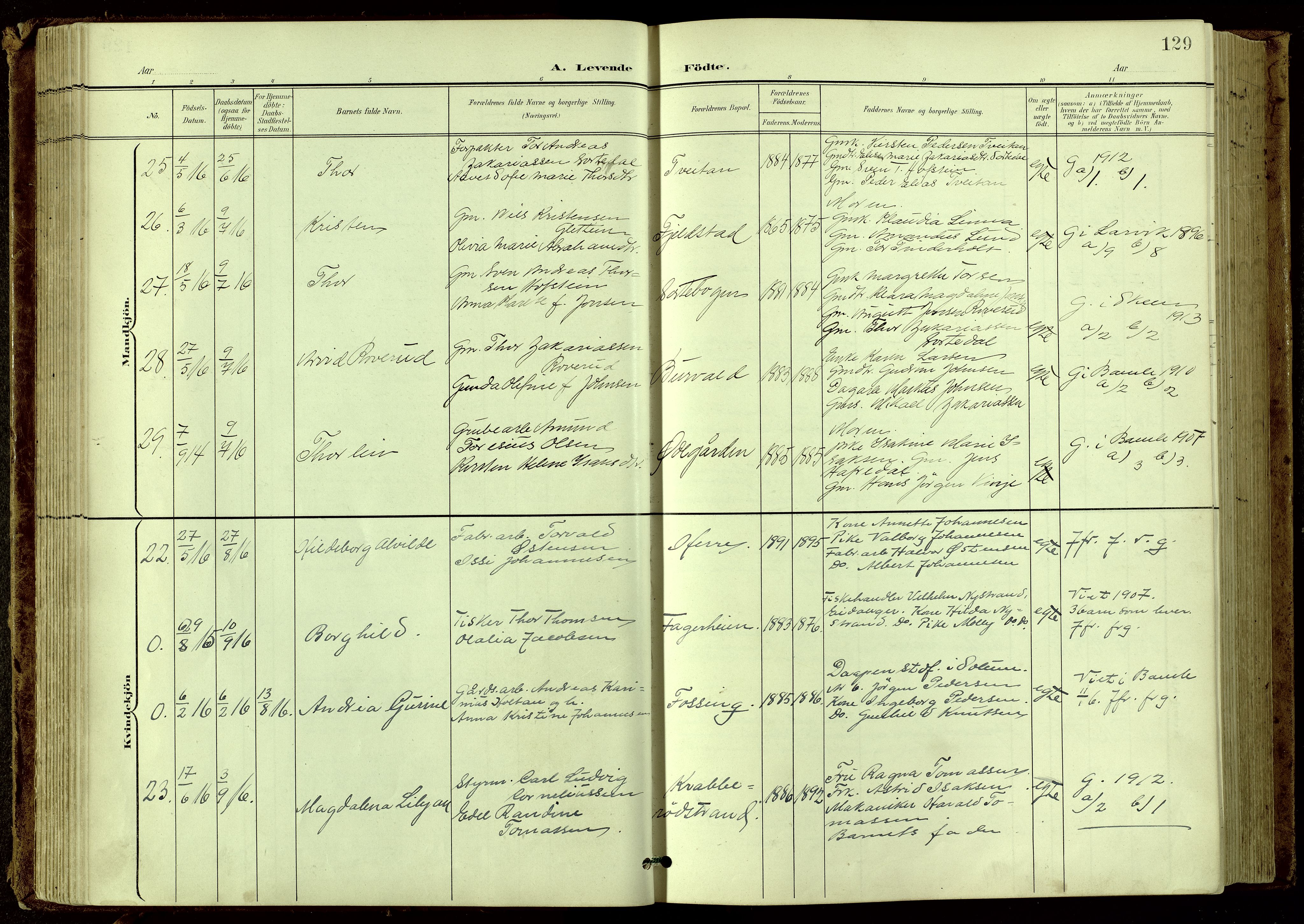 Bamble kirkebøker, AV/SAKO-A-253/G/Ga/L0010: Parish register (copy) no. I 10, 1901-1919, p. 129