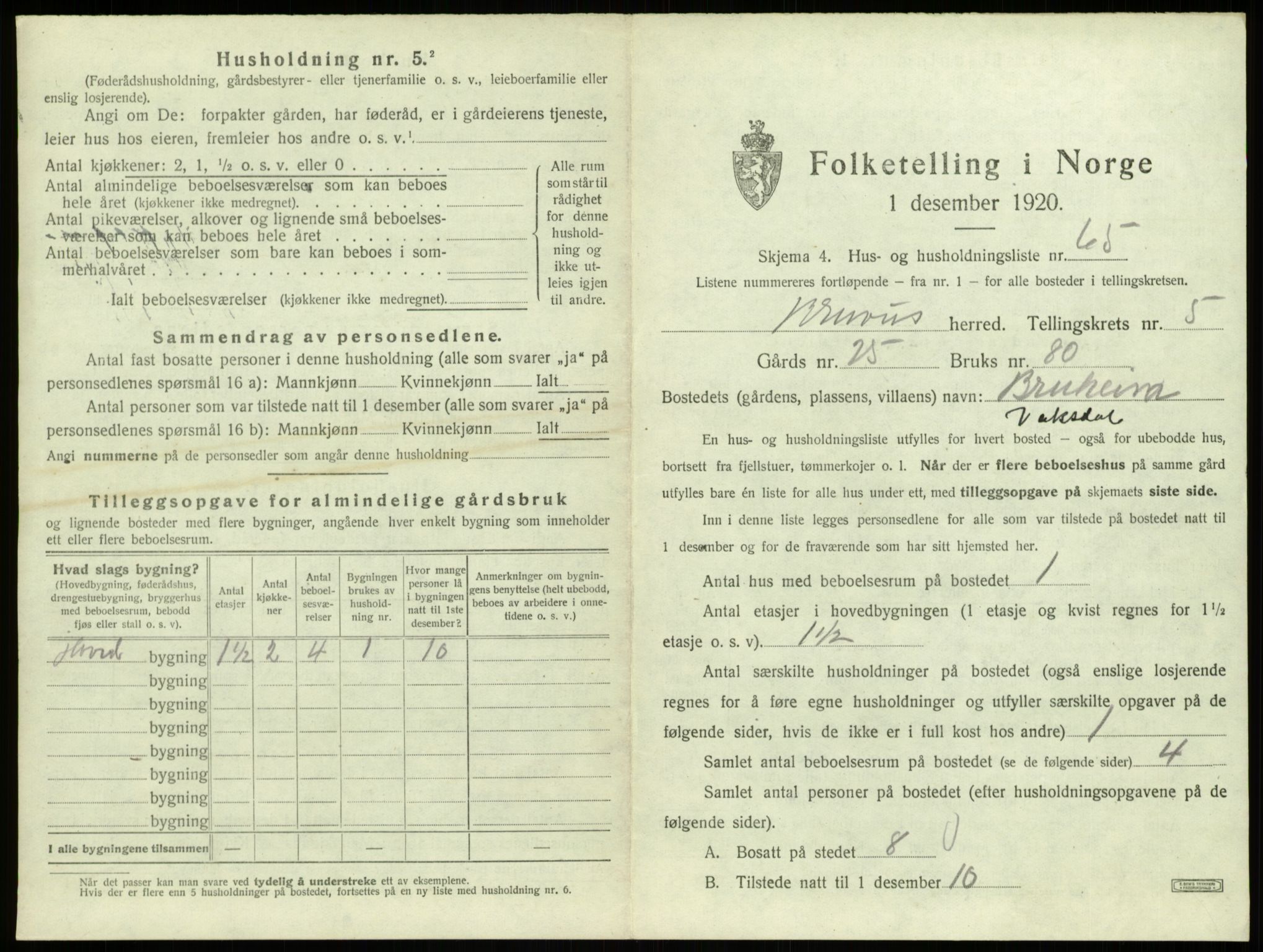 SAB, 1920 census for Bruvik, 1920, p. 399